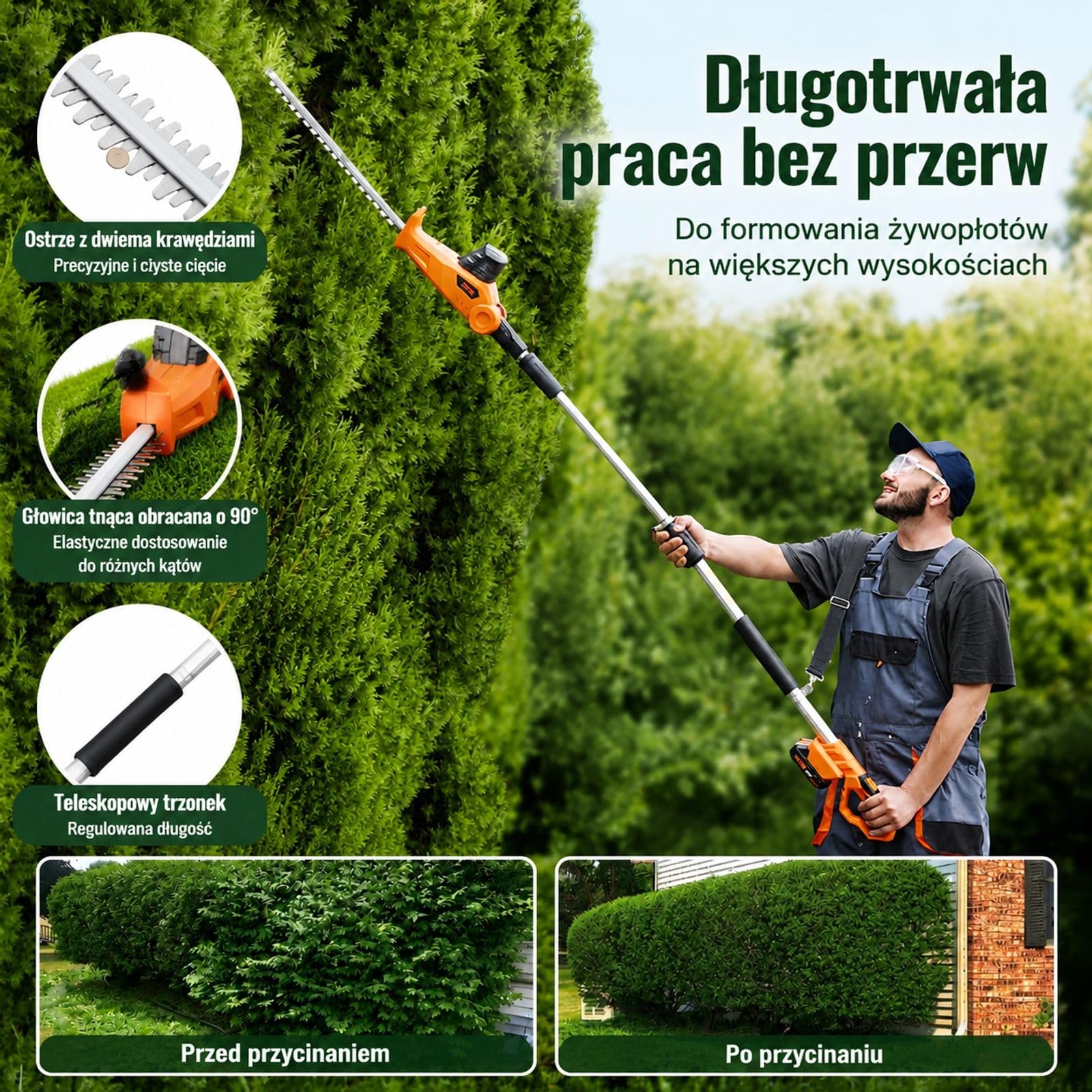 Teleskopowy trymer do żywopłotu z ostrzem stalowym i obrotową głowicą do żywopłotów oraz gałęzi