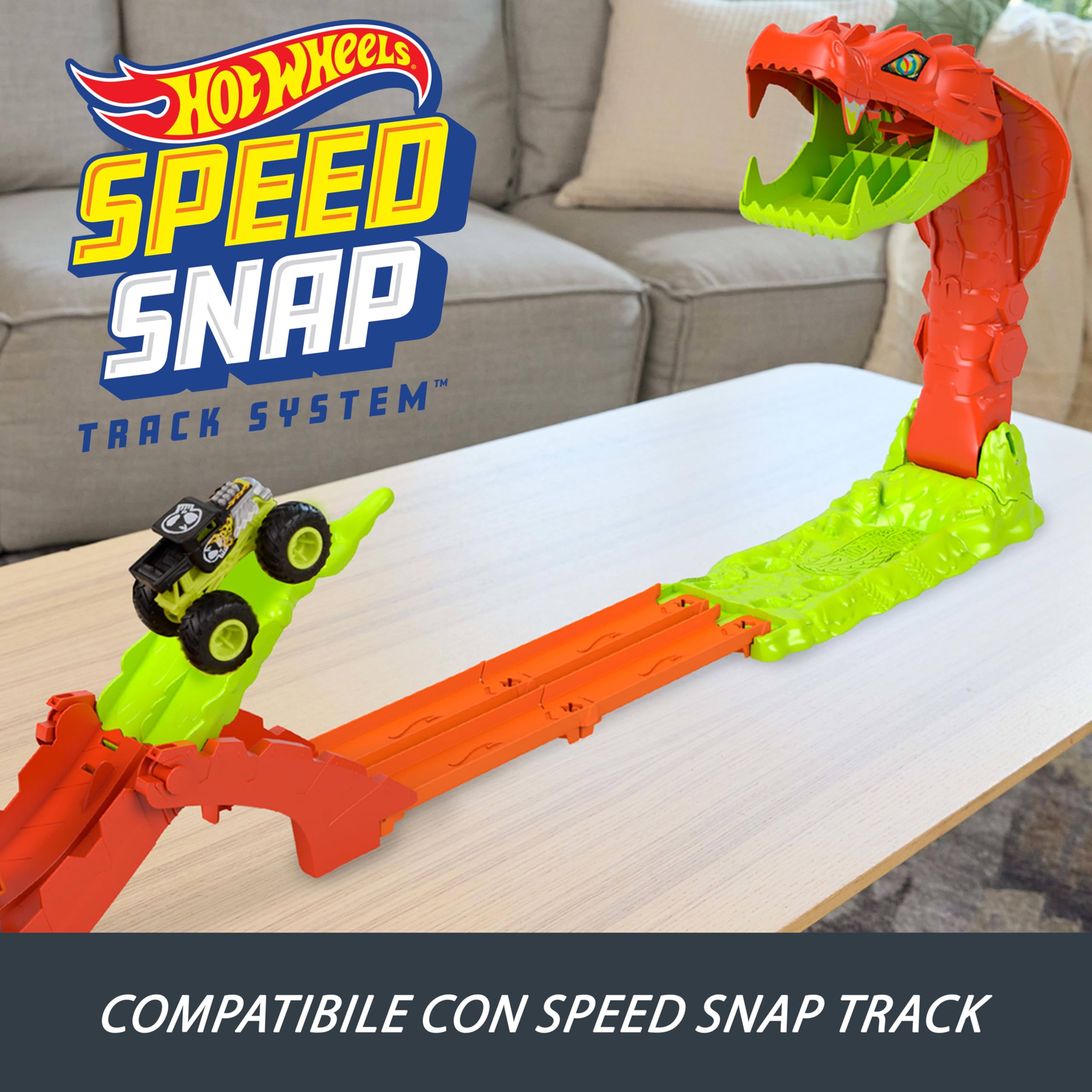 Hot Wheels Monster Trucks - Attacco del Serpente, set pista con lanciatore e veicolo Bone Shaker in scala 1:64 incluso, sconfiggi il gigantesco seprente nemico, 4+ anni, JJN44