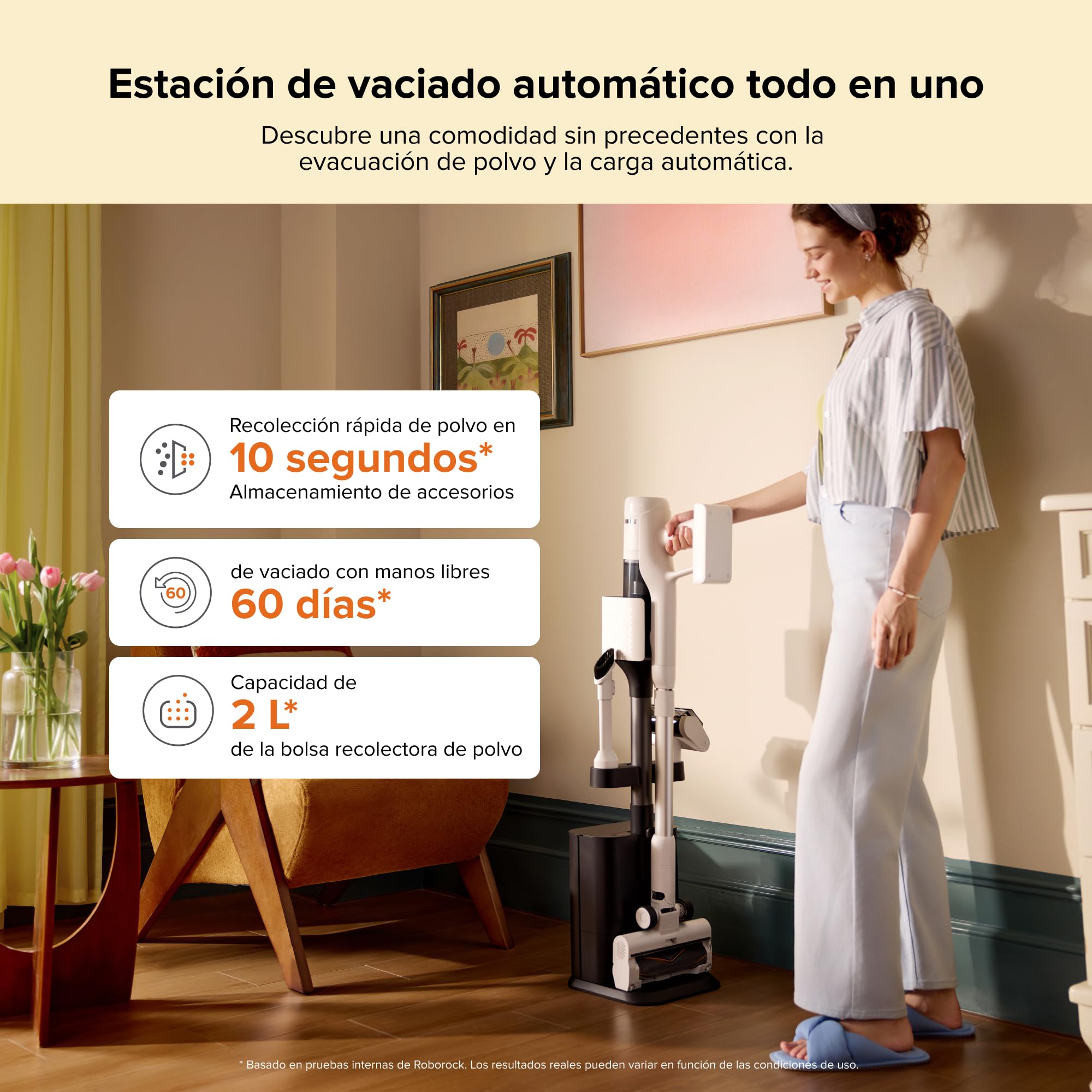 roborock H60 Hub Aspiradora Sin Cable con Base de Vaciado Automático | Batería Extraíble de hasta 60 min, 115 AW para Pelo de Mascotas, Cepillo Antienredos Multisuperficie, Luz LED Verde