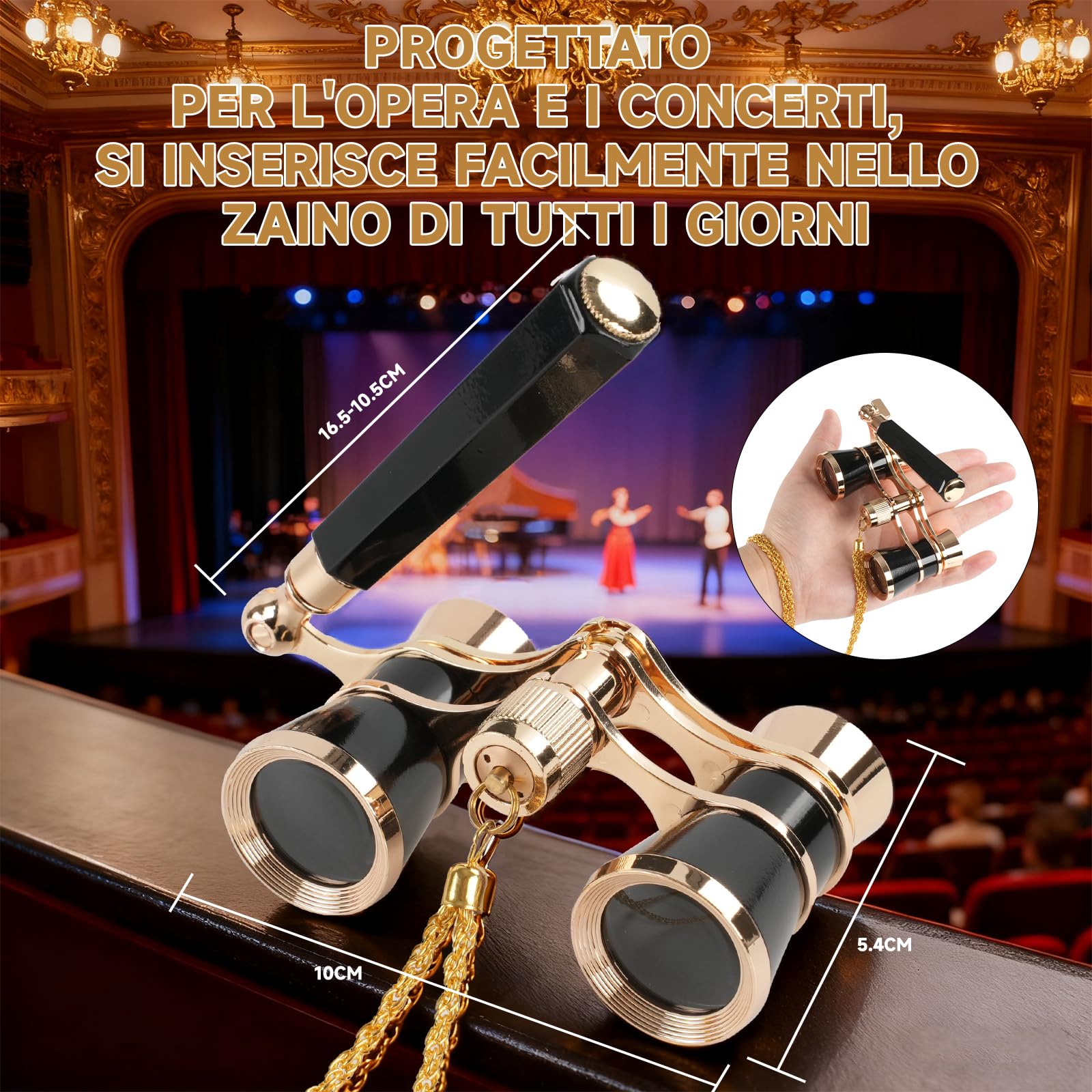 Binocolo da Teatro 3x25, Nero - Lenti BK7 Ottiche, Manico Regolabile e Catena - Design Vintage Compatto per Opera, Concerti e Sport - Regalo per Adulti e Bambini