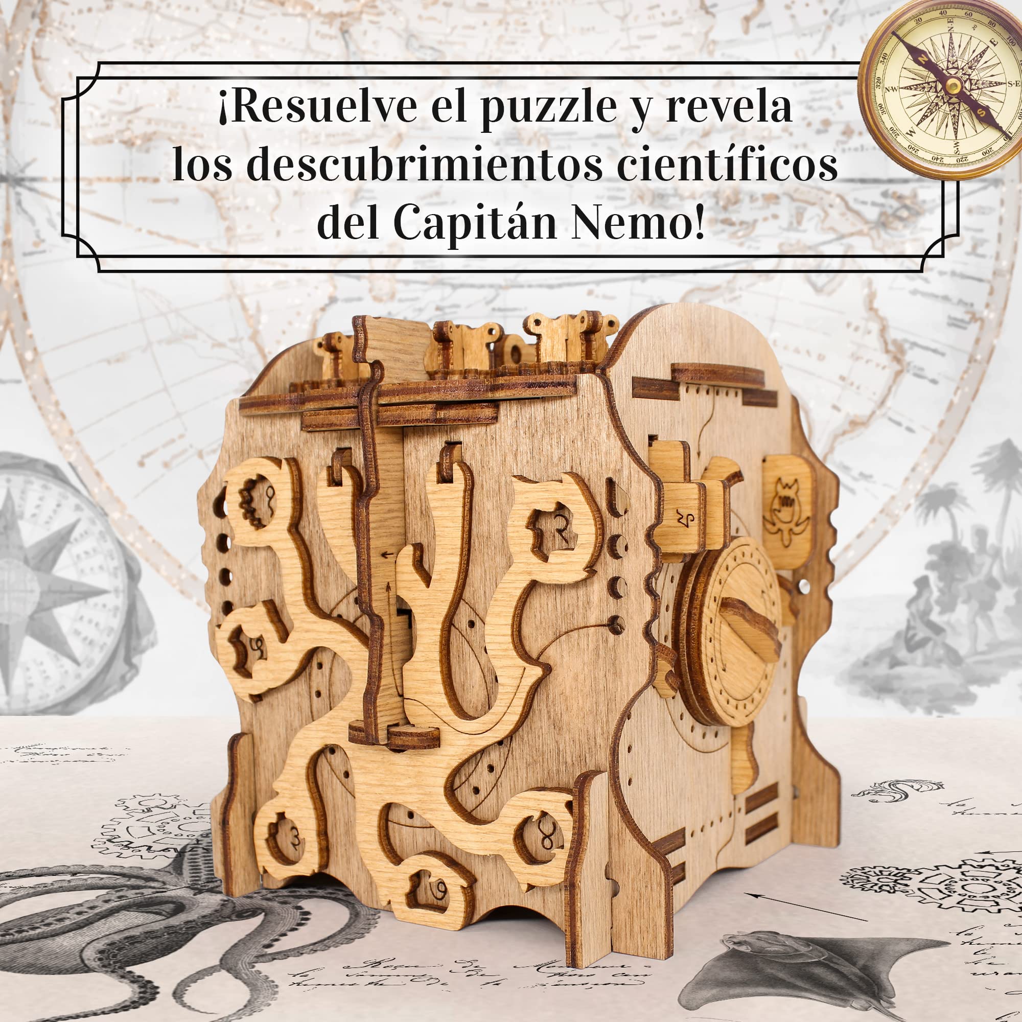 iDventure Cluebox - Capitán Nemo Nautilus - Juego de Escape Room - puzzle 3D de madera - caja misteriosa - caja secreta japonesa - regalo original - caja para dinero boda - rompecabezas para adultos