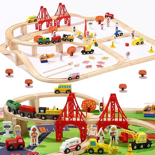 Miniatura 8 de 100 Pcs Wooden Train Track Set, Toy Train with Tracks for Kids Ages 3-10, Compatible with Major Brands, Railway Playset for Boys and Girls Birthday