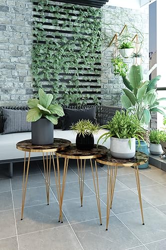 Miniatura 85 de PAK HOME Juego de 3 mesas auxiliares anidables de mármol blanco, mesas auxiliares redondas de madera apilables con patas de metal para sala de