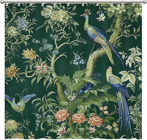Miniatura 975 de Cortinas de ducha de baño con ganchos, 72 x 92 pulgadas, cortina de ducha de tela impermeable con diseño de flores y pájaros, cortina de ducha