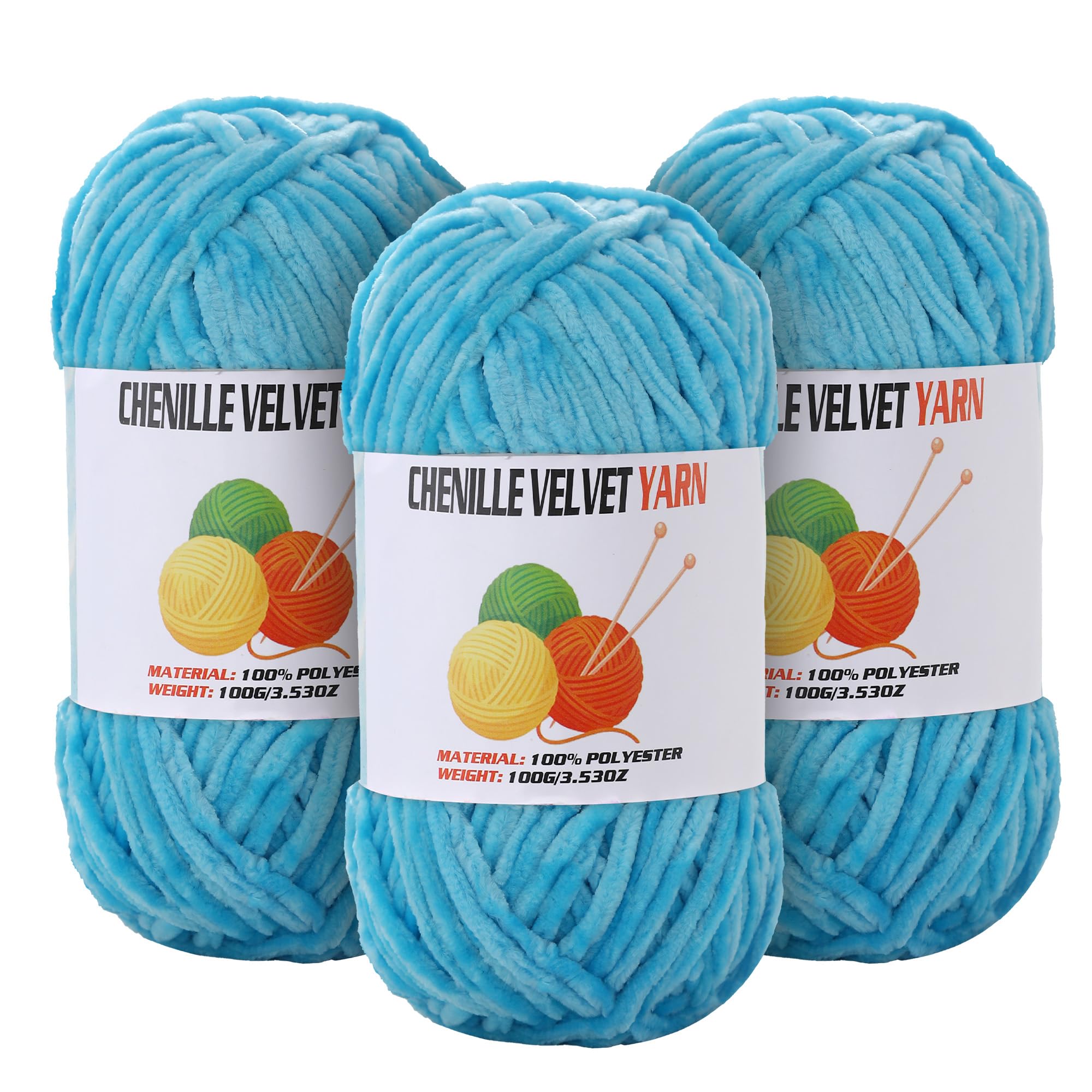 3 * 100g Velvet Chenille Chunky Yarn for Crocheting, Handcrafts Weaving Soft Chenille Yarn for Crocheting Clearance, Used for Making Baby Yarns Blanket, Clothes, Knitting Creations (Lake Blue)