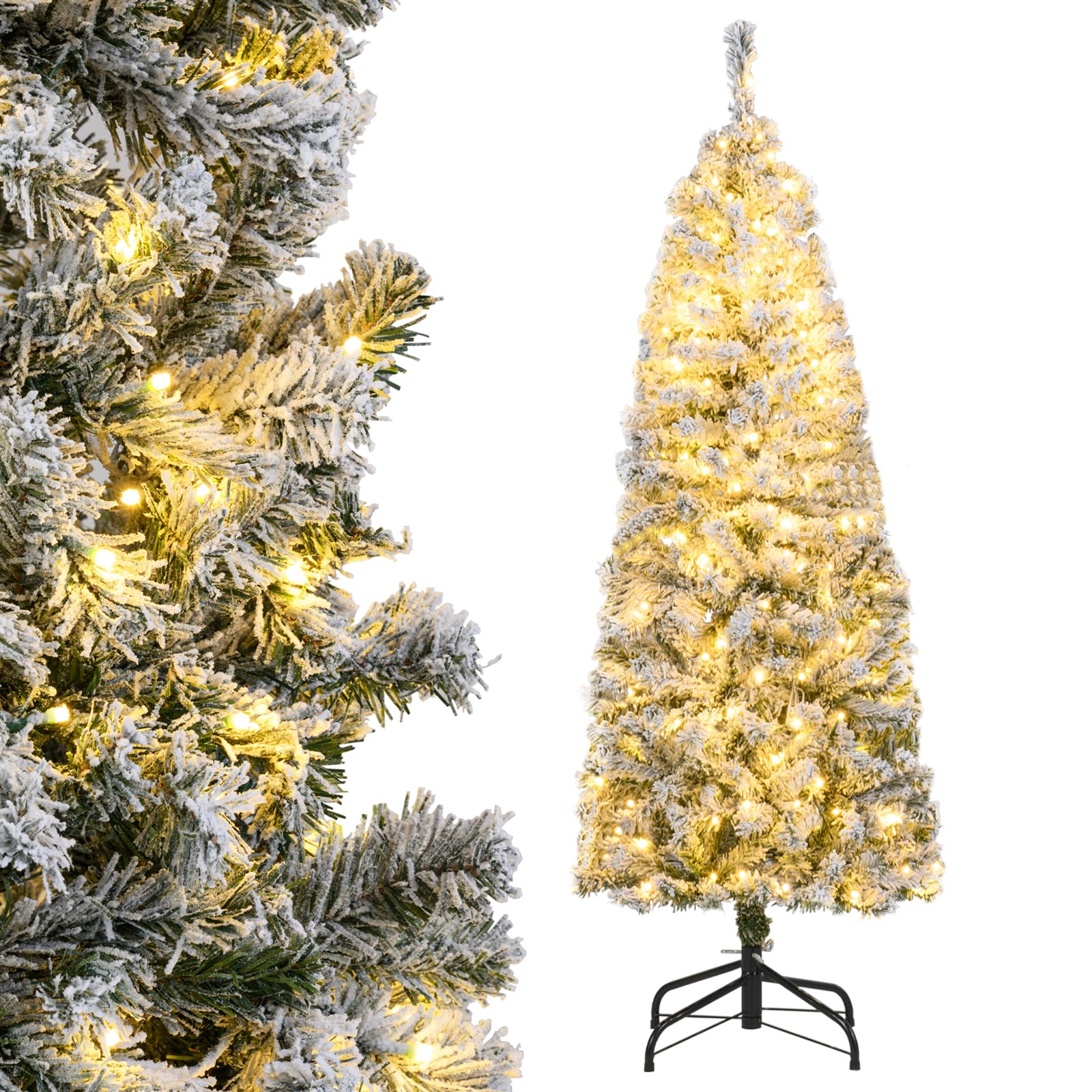 RELAX4LIFE Árbol de Navidad 150/180 cm Nevado con 180/260 Luces LED Blancas Cálidas, 8 Modos de Iluminación, 329/533 Ramas y Soporte de Metal, Árbol de Navidad Plegable para Hogar, Oficina (150 cm)