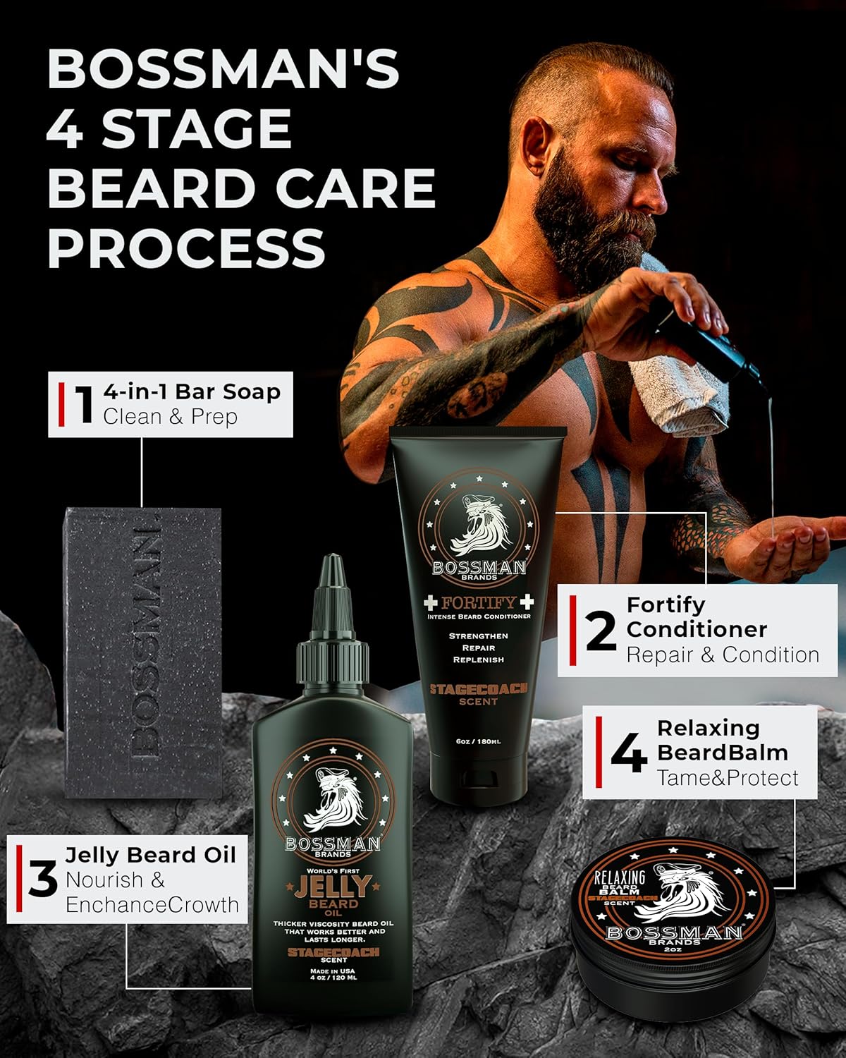 Bossman Big Boss Beard Care Kit for Men - 7 Piece Beard Grooming Kit with Jelly Beard Oil, Beard Conditioner, Beard Balm, MUDstache Wax, Bar Soap, Metal Comb, Brush - Gift Set for Men (Magic) - Image 7