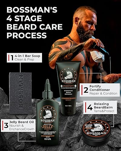 Vista 6 de Bossman Kit completo de gelatina de aceite para barba para hombre, acondicionador de ducha fortificante, bálsamo, cera de bigote y peine, suavizante
