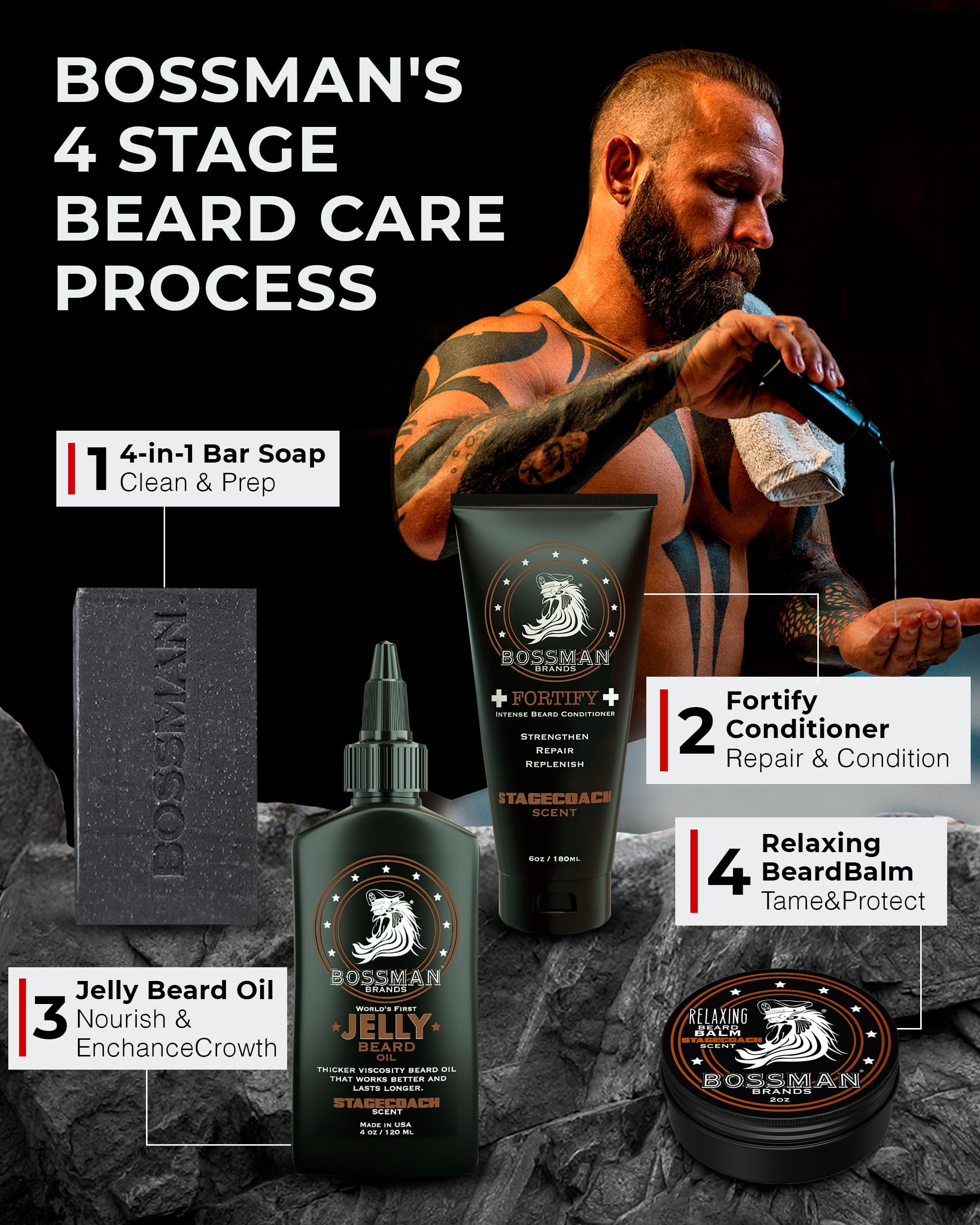 Bossman Complete Beard Kit – Men's Beard Oil Jelly, Fortifying Shower Conditioner, Balm, Mustache Wax & Comb – Beard Softener & Grooming Care – Men Gift Set (Stagecoach Scented)