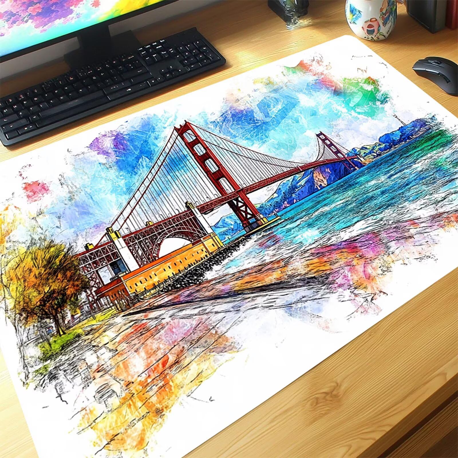 Podkładka pod mysz xxl 1600x800x3mm Desk Golden Gate Desk Bridge Matowa mata biurkowa do gier szyte krawędzie Trwała i wodoodporna konstrukcja z antypoślizgową gumową podstawą na prezent model-06510