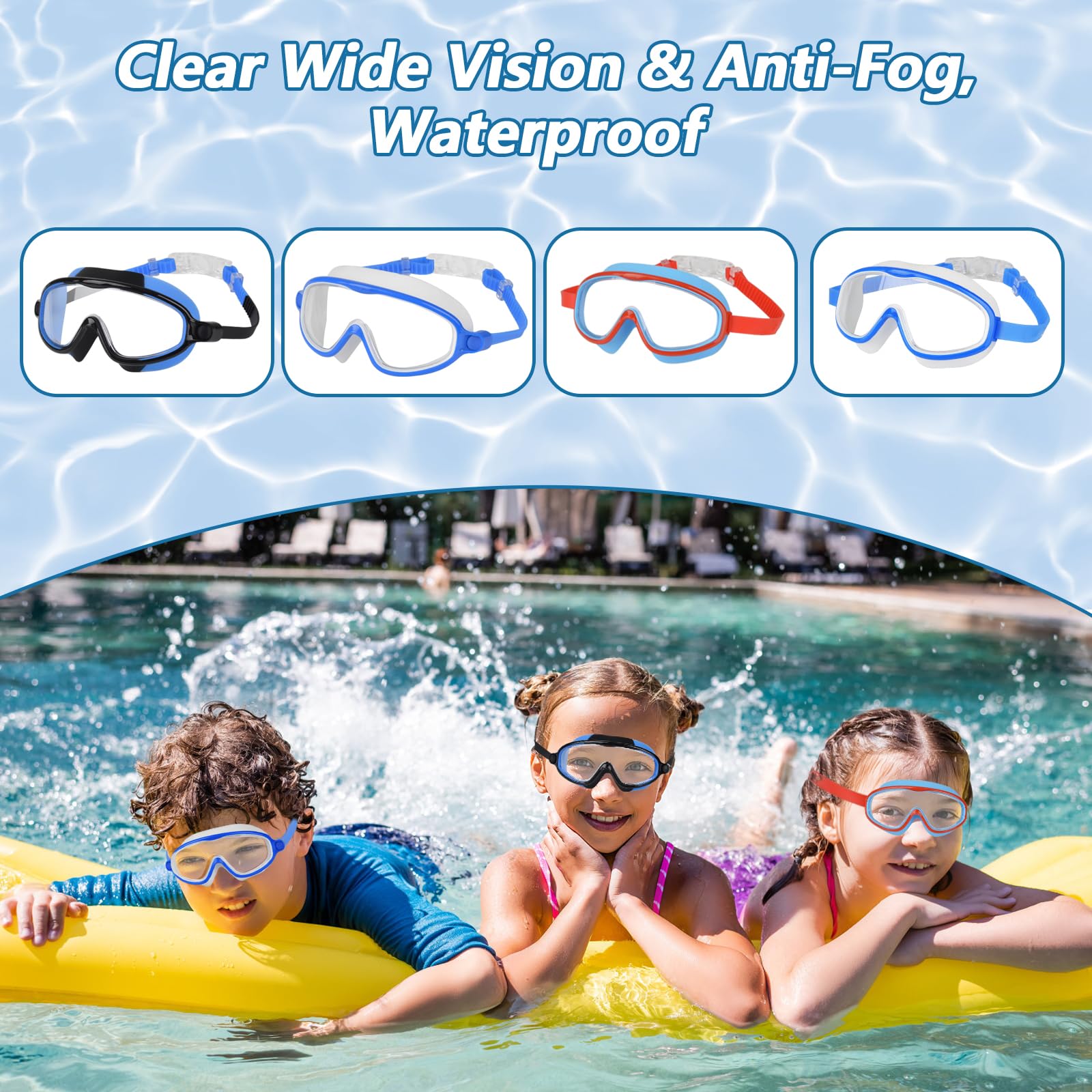 Moseem Lot de 2 lunettes de natation pour enfants et adolescents de 3 à 15 ans, anti-buée, anti-UV, vision large claire, imperméables