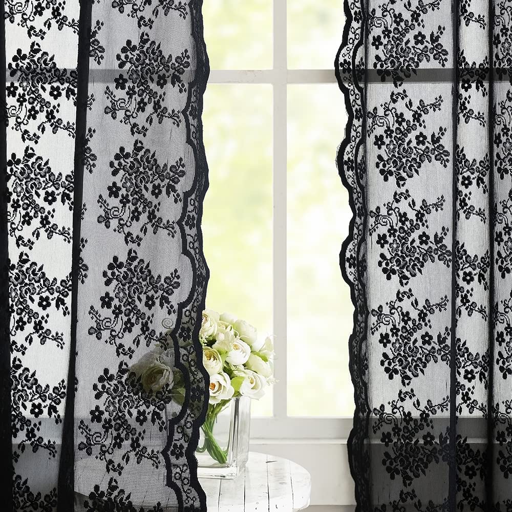 YJ YANJUN Black Sheer Curtains 54 inch Length- Goth Victorian Kitchen Lace Curtain Panel Halloween Short Curtains for Bathroom Window Coffin/Witchy/Gothic Home Decor 52 x 54 Inch Black - Image 2
