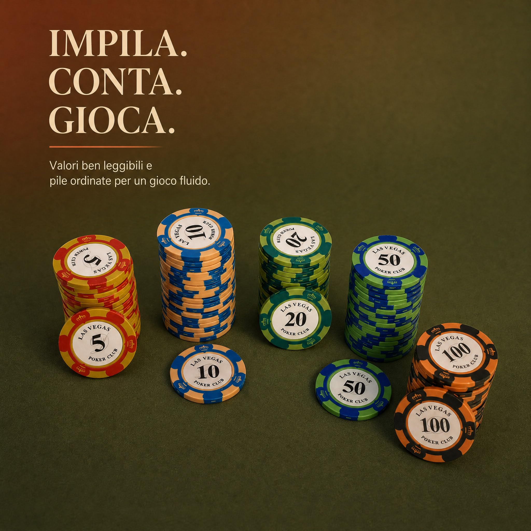 Set da 100 fiches in argilla con valori e scatola acrilica | 20 fiches per ciascun valore 5, 10, 20, 50 e 100, ideali per blackjack, poker e giochi da casinò in casa