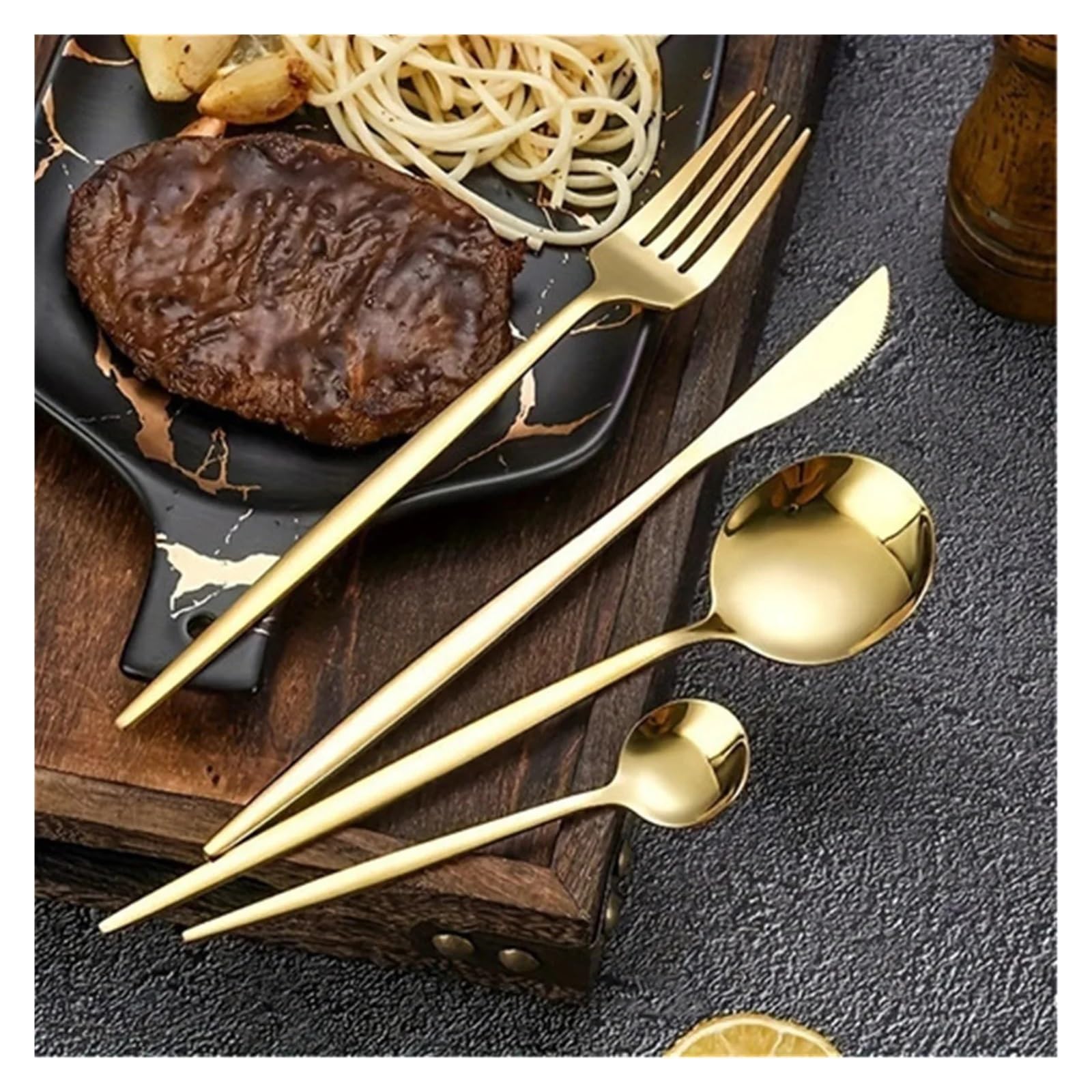 Juego de cubiertos acero inoxidable, tenedores, cucharas, vajilla(Gold)