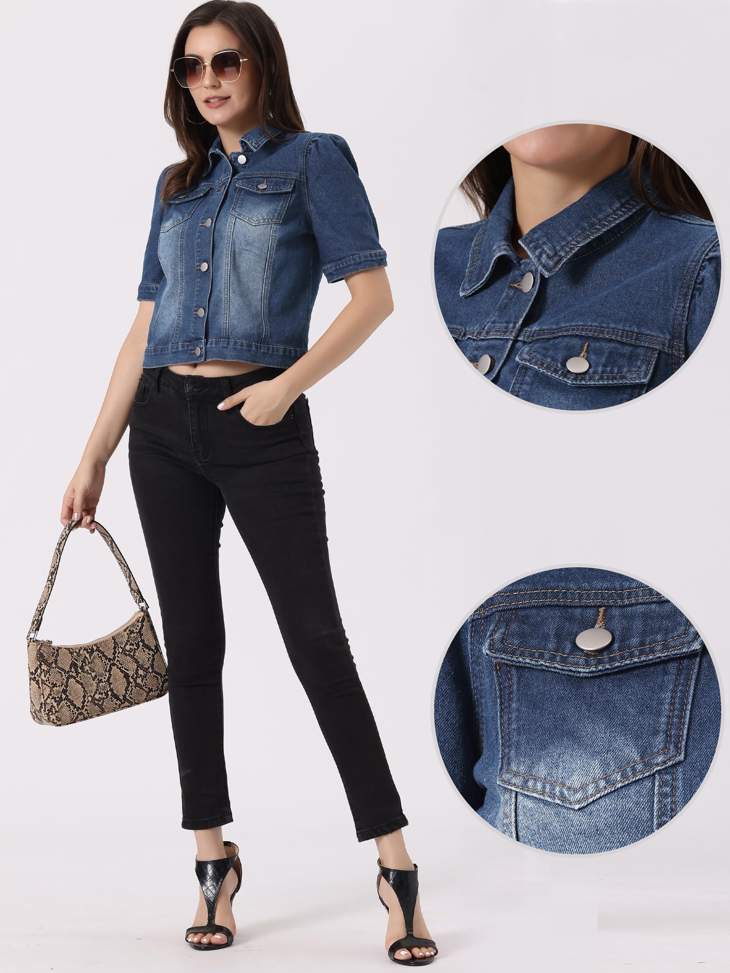 Allegra K Giacca Casual Donna Maniche Corte Sbuffo Blazer Jeans Abbottonata