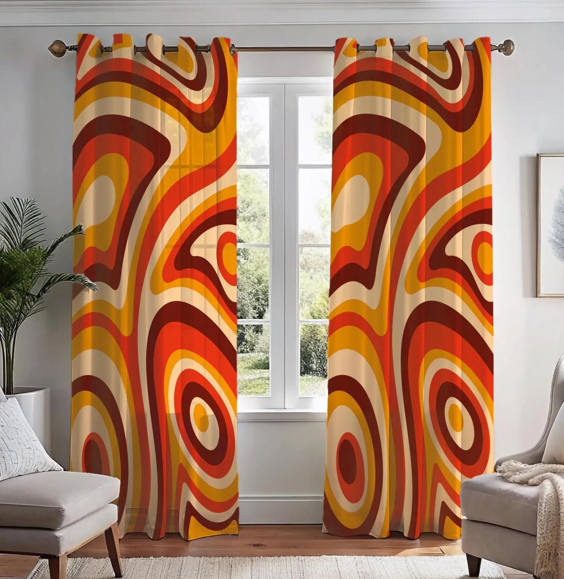 Rideaux du milieu du siècle pour salon rétro chic en orange et marron
