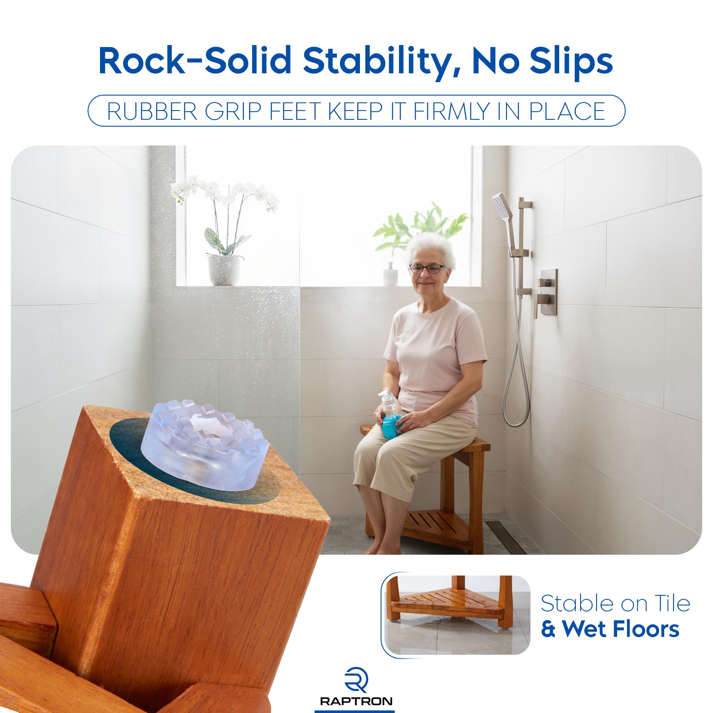 Banco de ducha de teca para ducha interior, taburete de ducha de madera maciza de teca 100% grado A, asiento de baño de madera impermeable con estante de almacenamiento, silla de spa antideslizante