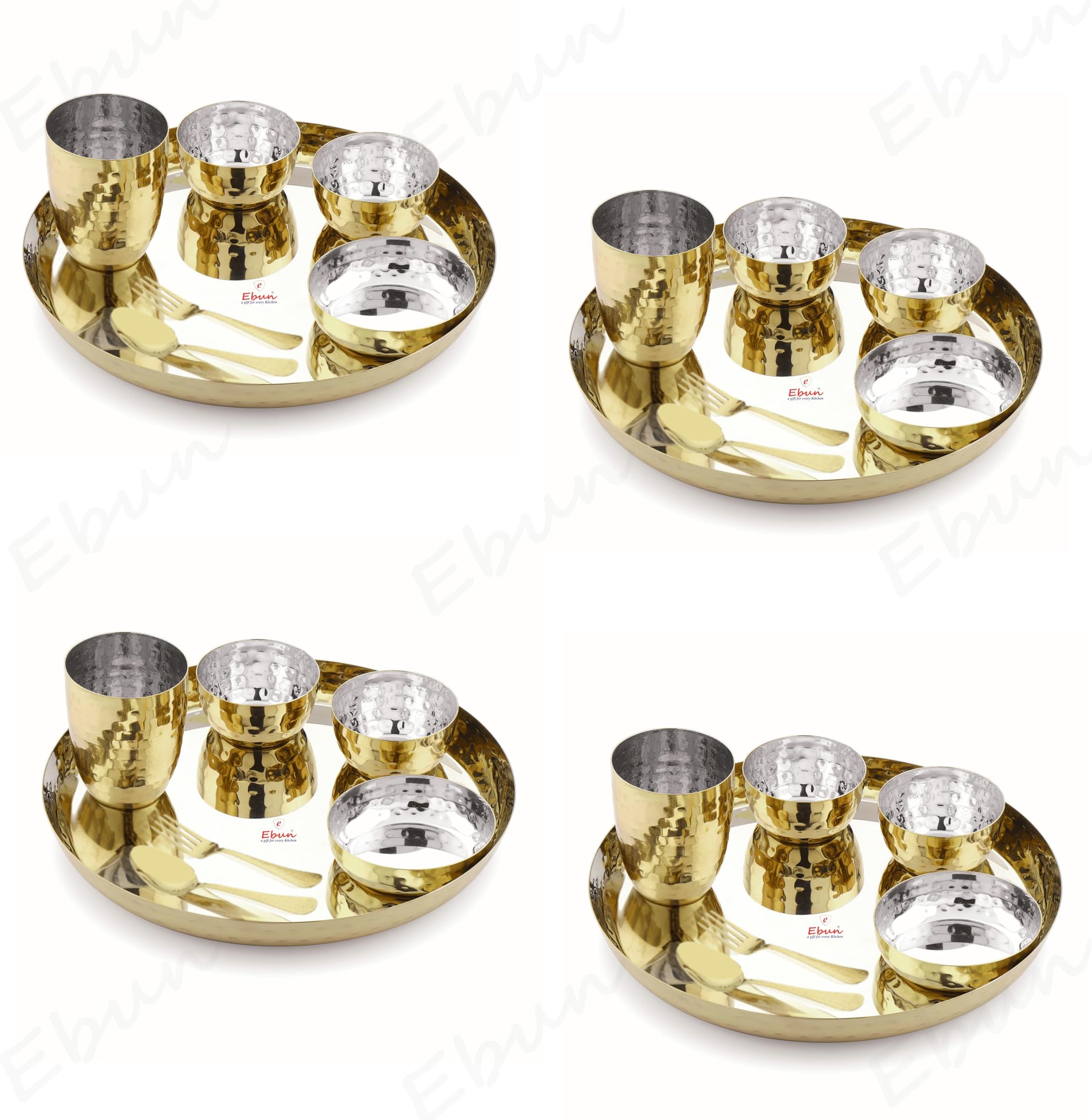 Ebun Heavy Gauge Stainless Steel Dinner Set | Gold PVD Plated Steel Thali Set | Stainless Steel Dinner Set for Kitchen | Thali Set for Dinner | Pack of 4 | 28 Pieces | Gold PVD Plated