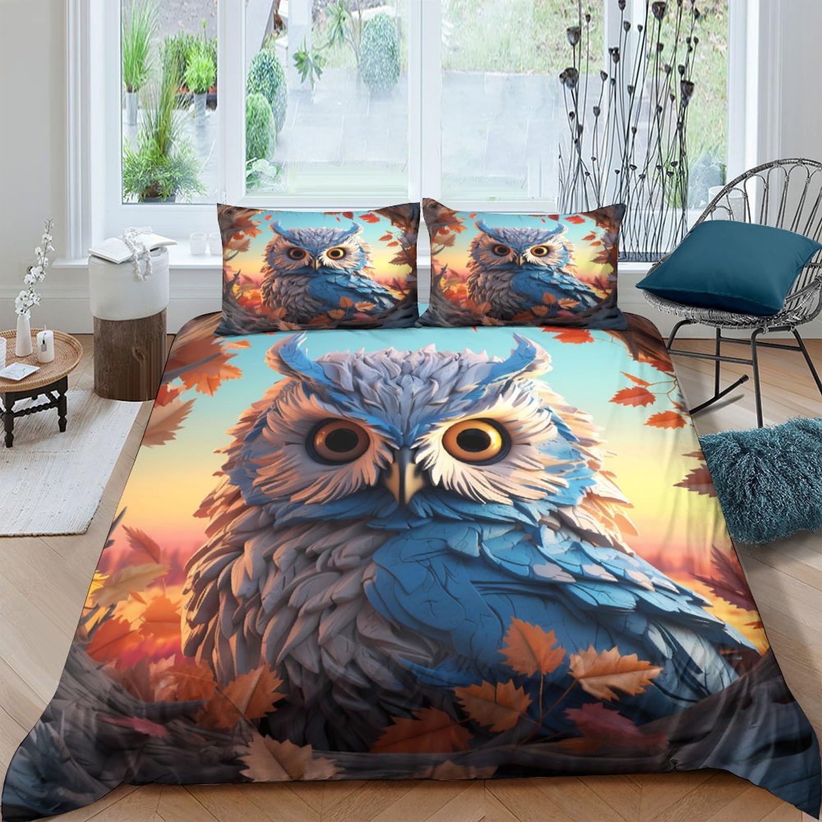 Ctjqhvkz Style-6 3D Printed Blue Owl Fitted Sheet Microfiber Soft Autumn Leaves Mattress Cover For Bedroom Dorm Artistic Decor Single（135X200cm）