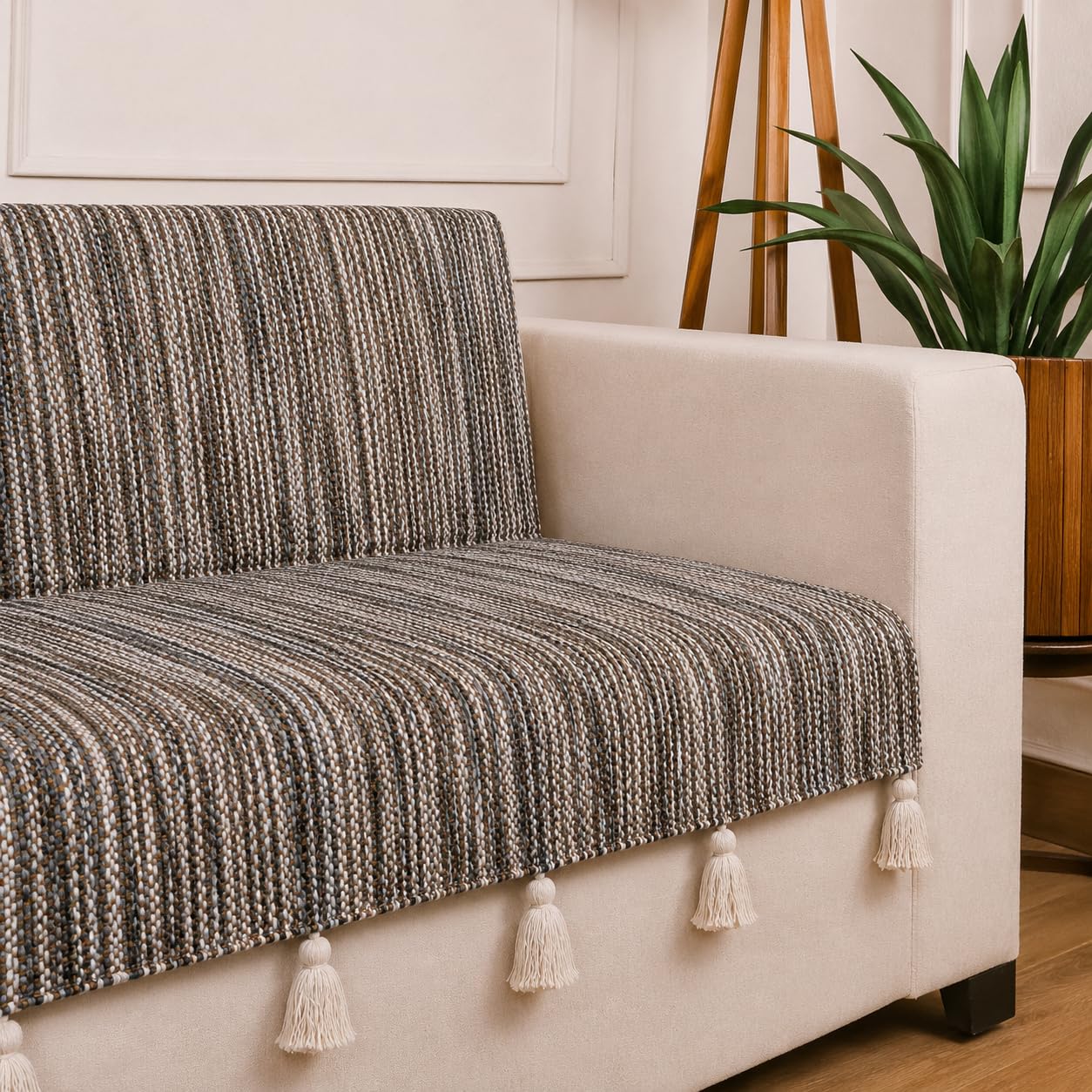 STITCHNEST 'Nomad Weave Collection' 2 Seater Sofa Cover – Full Coverage| Elegant Jacquard Fabric, Decorative Tassels, Washable & Durable for Modern Living