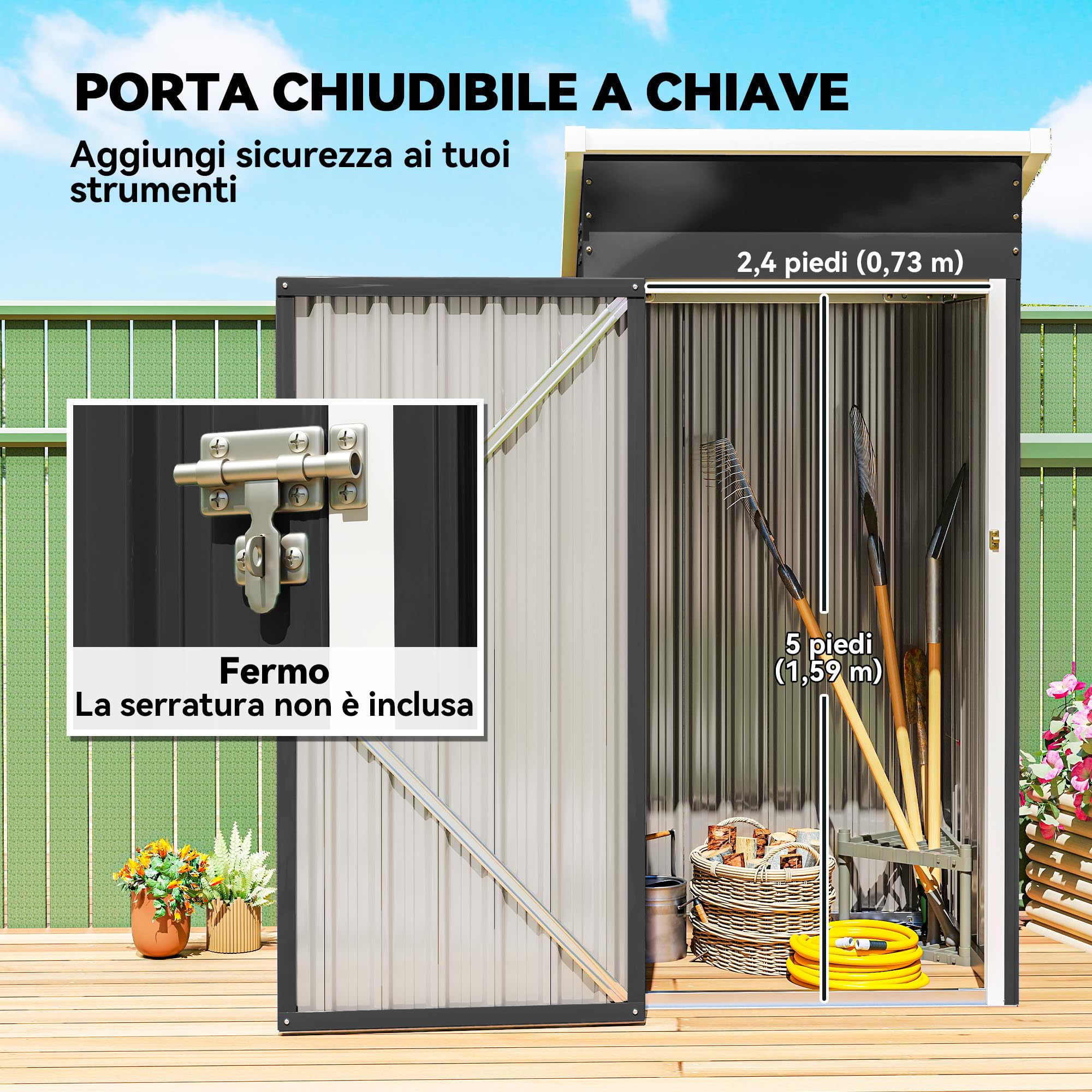 Outsunny Casetta da Giardino 0.74m² in Acciaio Zincato con Prese d'Aria, Capanno da Giardino con Porta Bloccabile, Tetto Inclinato, Guanti, Capanno Porta Attrezzi, 107.5x91x185 cm, Grigio Scuro