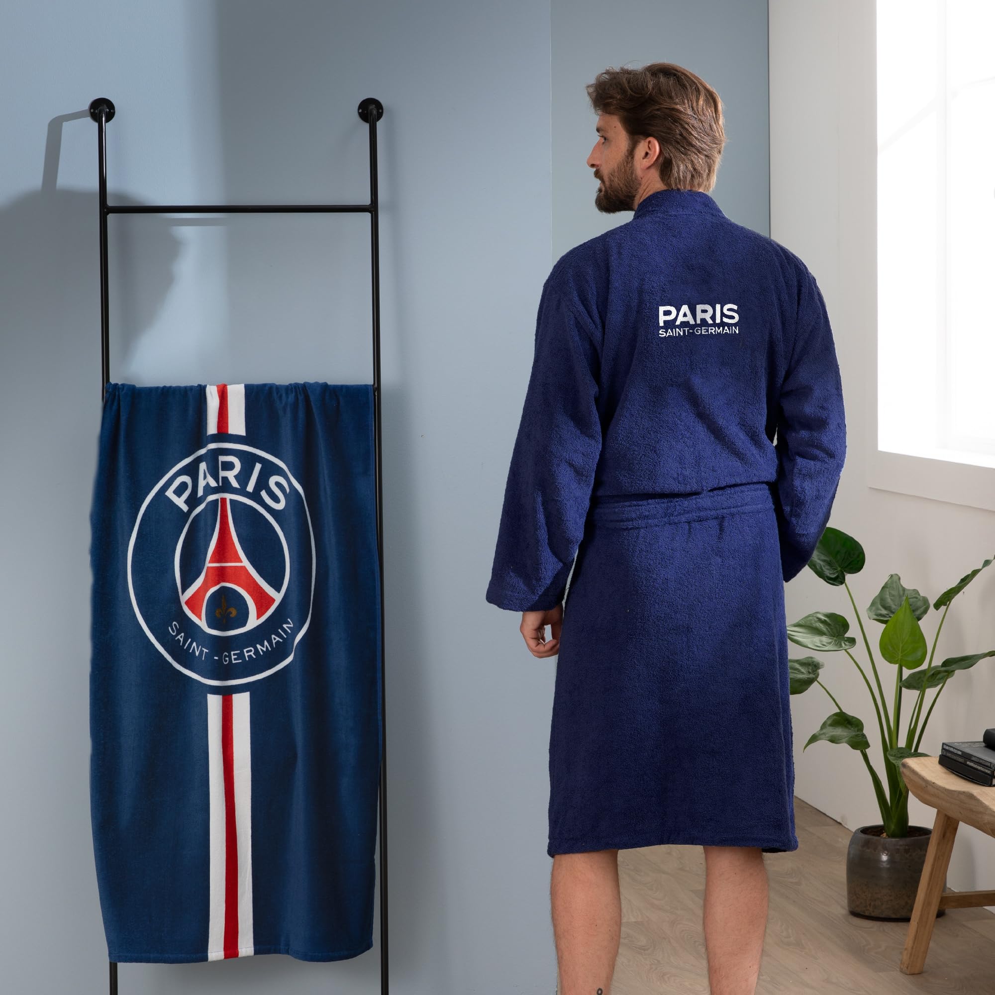 PSG Peignoir homme avec poches Paris-Saint-Germain | 100% Coton | OEKO-TEX | Taille L | Bleu