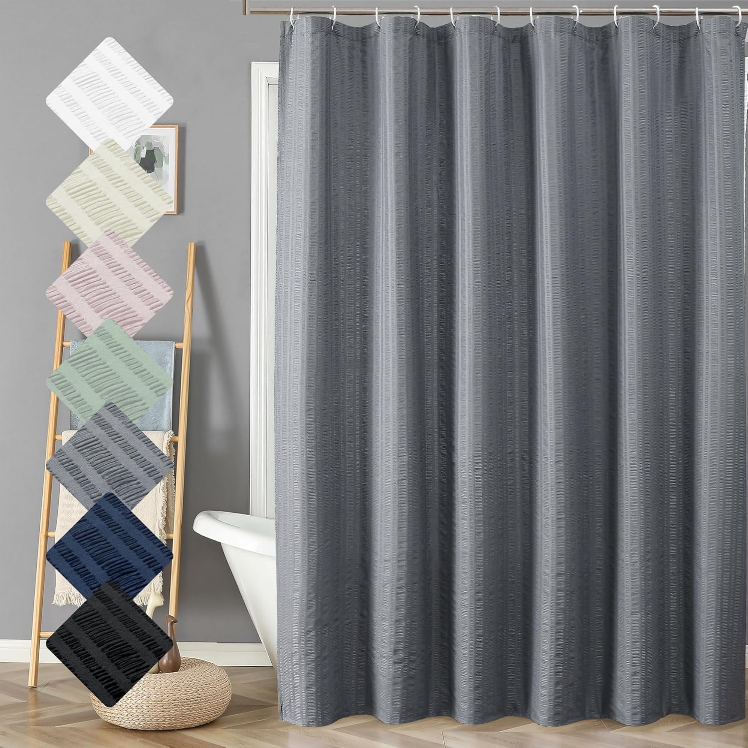 Moga Extra Long Grey Shower Curtain 96 Inch Long, Embossed Texture Fabric Bathroom Shower Curtain, Large Hotel Bath Curtain with 12 Holes, 72Wx96H, Grey