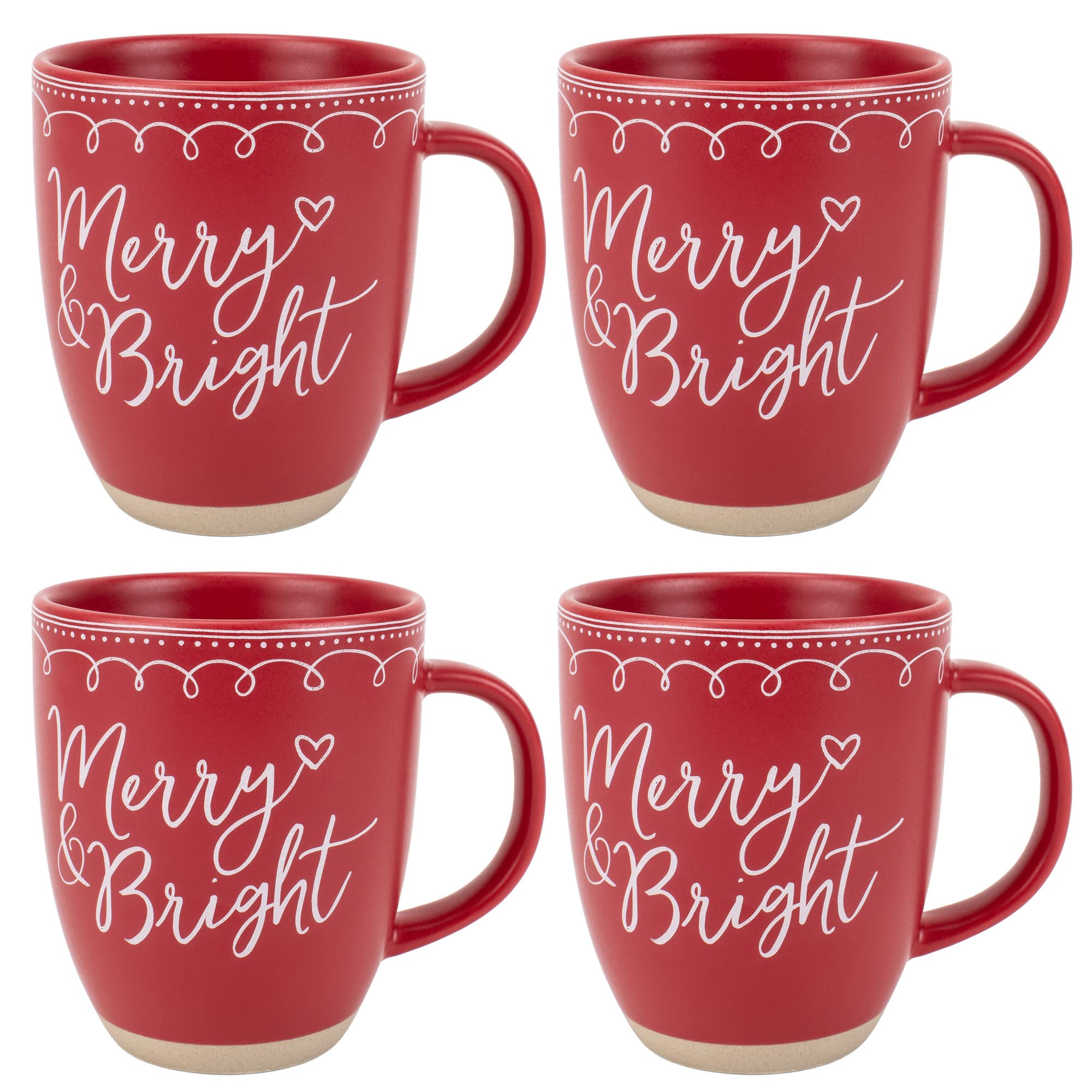 Elanze Designs Merry Raw Clay Bottom Red 16 ounce Ceramic Christmas Coffee Mugs Set of 4