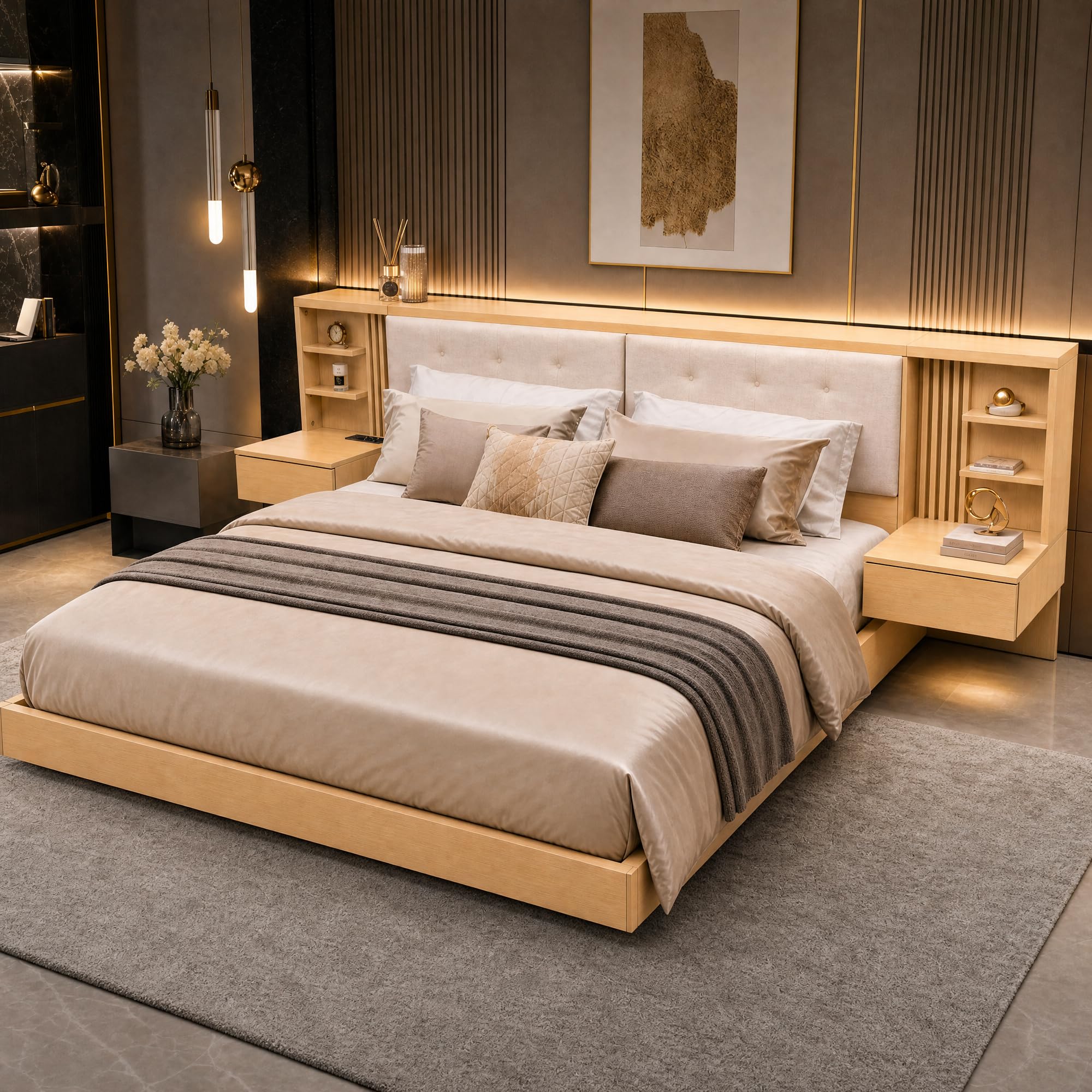 Estructura de Cama Flotante 180x200cm con Cabecero Modular Simetrico de Almacenamiento Compartimentos Abiertos Cajones de Guardado y Base de Lamas de Madera para Adultos Naturalmente