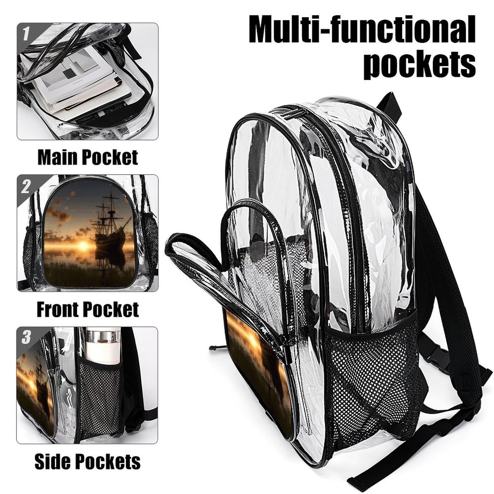 Transparenter Rucksack mit Motiv "Ship in The Lake Sunset", groß, transparent, PVC, Büchertasche für Sicherheit, Arbeit, Reisen, Stadion