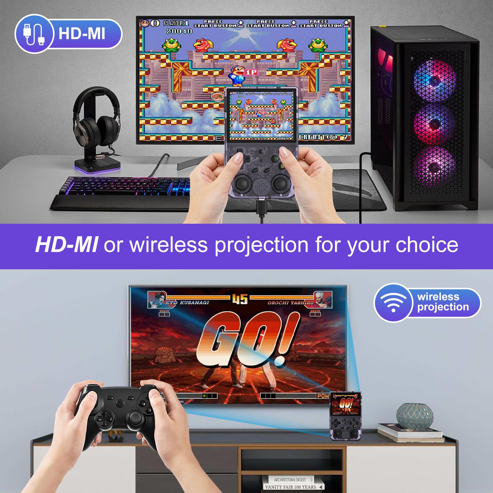 Anbernic RG353V, Console Portatile16GB+64G, Console Giochi con Linux Sistema e RK3566 sistema Android 11, Retro Console Funzione WIFI e Bluetooth e 4452 Giochi,Trasparente Viola