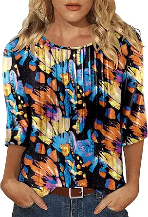 KISSMODA Tunic Tops for Women Loose Fit Dressy Round Neck Pleated 3/4 Length Sleeve Spring Tops
