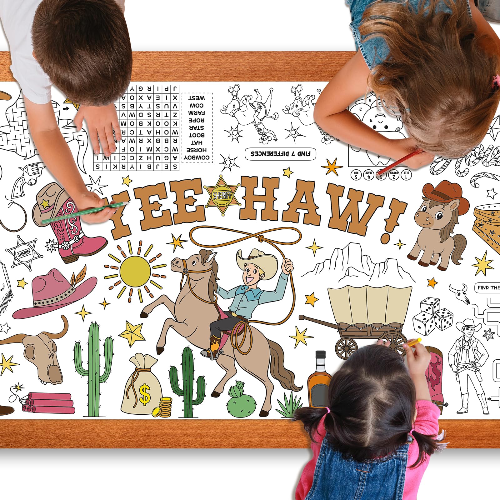 Western Giant Coloring Poster for Kids 30x72 Inch, First Rodeo Large Coloring Poster Tablecloth, Cowboy Cowgirl Themed Color-in Activities Games for Kids School Classroom Home Birthday Party Decors