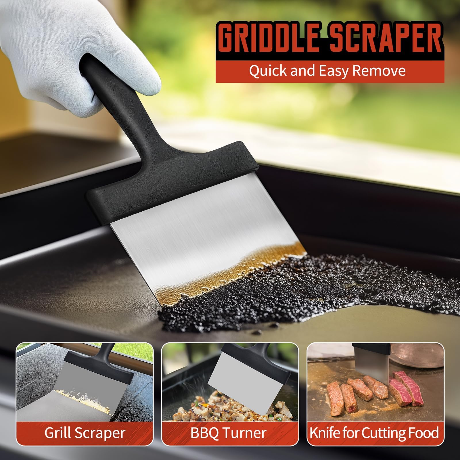 Grill-Reinigungsset für Blackstone, robuster Schaber und ergonomische Griffe | Kratzfeste Scheuerpads mit flacher Oberseite, Gusseisen, Öfen und Grillflächen, entfernt hartnäckiges Fett leicht