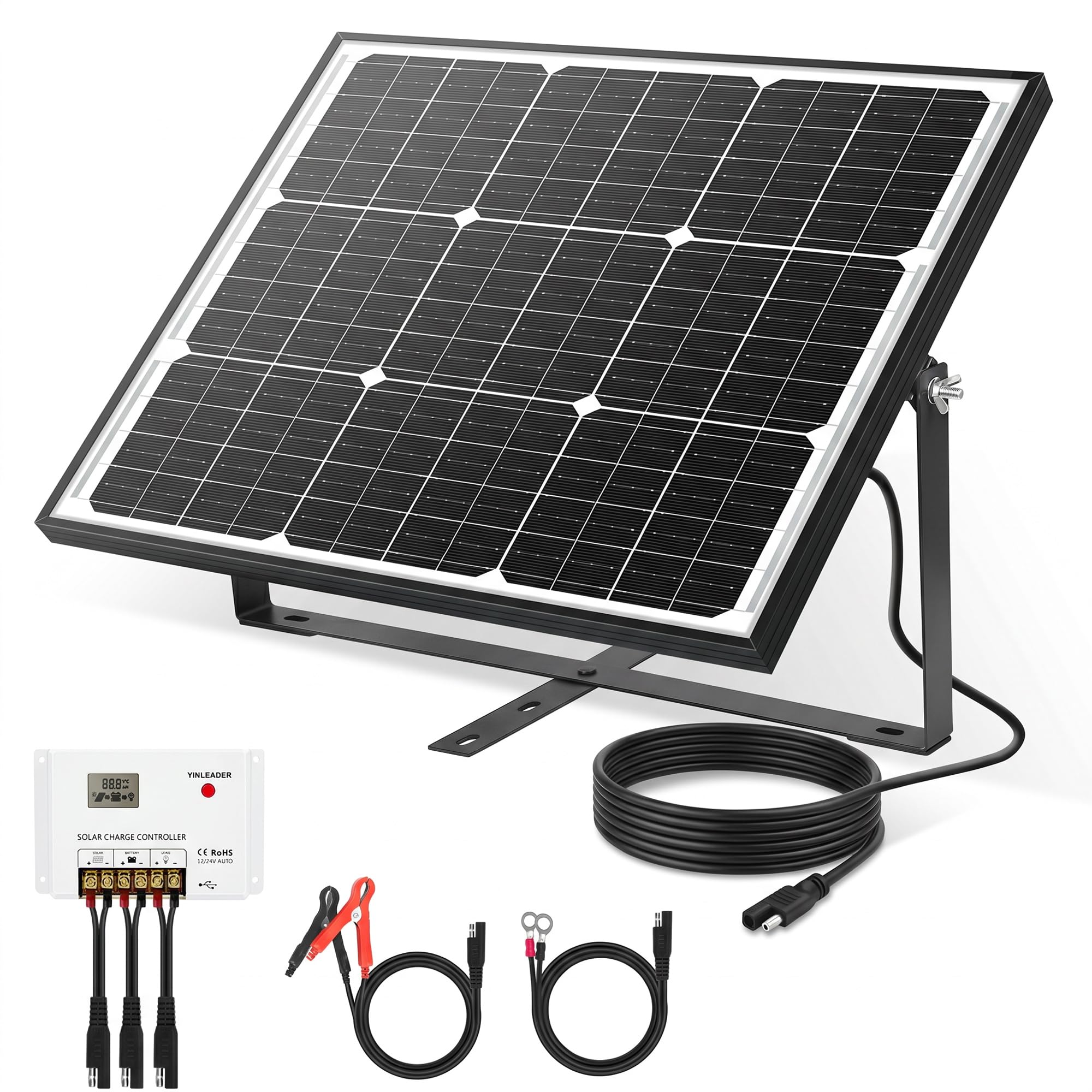 Yinleader 50W Solarpanel 12V Monokristallin Komplettset mit PWM Laderegler | PWM Laderegler SAE Krokodilklemmen & Ringkabelschuhe inklusive. Ideal für Autobatterie Wohnmobil Caravan Boot Balkon Camping.