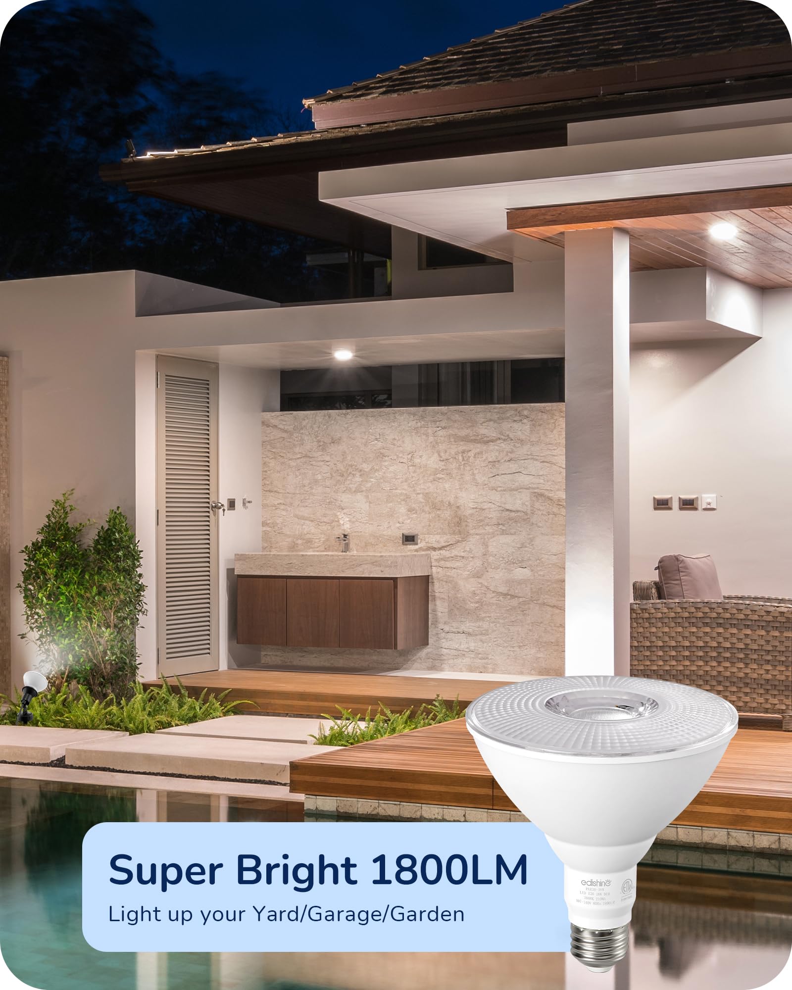 Bombillas de luz de inundación, bombillas LED PAR38 para exteriores, equivalente a 120 W, regulable, impermeable, para patio, porche, entrada, garaje, 5000 K, luz blanca diurna, 18 W, 1800 2