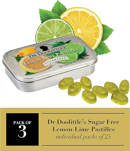 Miniatura 2 de Dr. Doolittle's Pastillas de frutas suaves sin azúcar para voz y garganta, sabor a limón y lima, lata de 2.12 onzas, paquete de aproximadamente 25