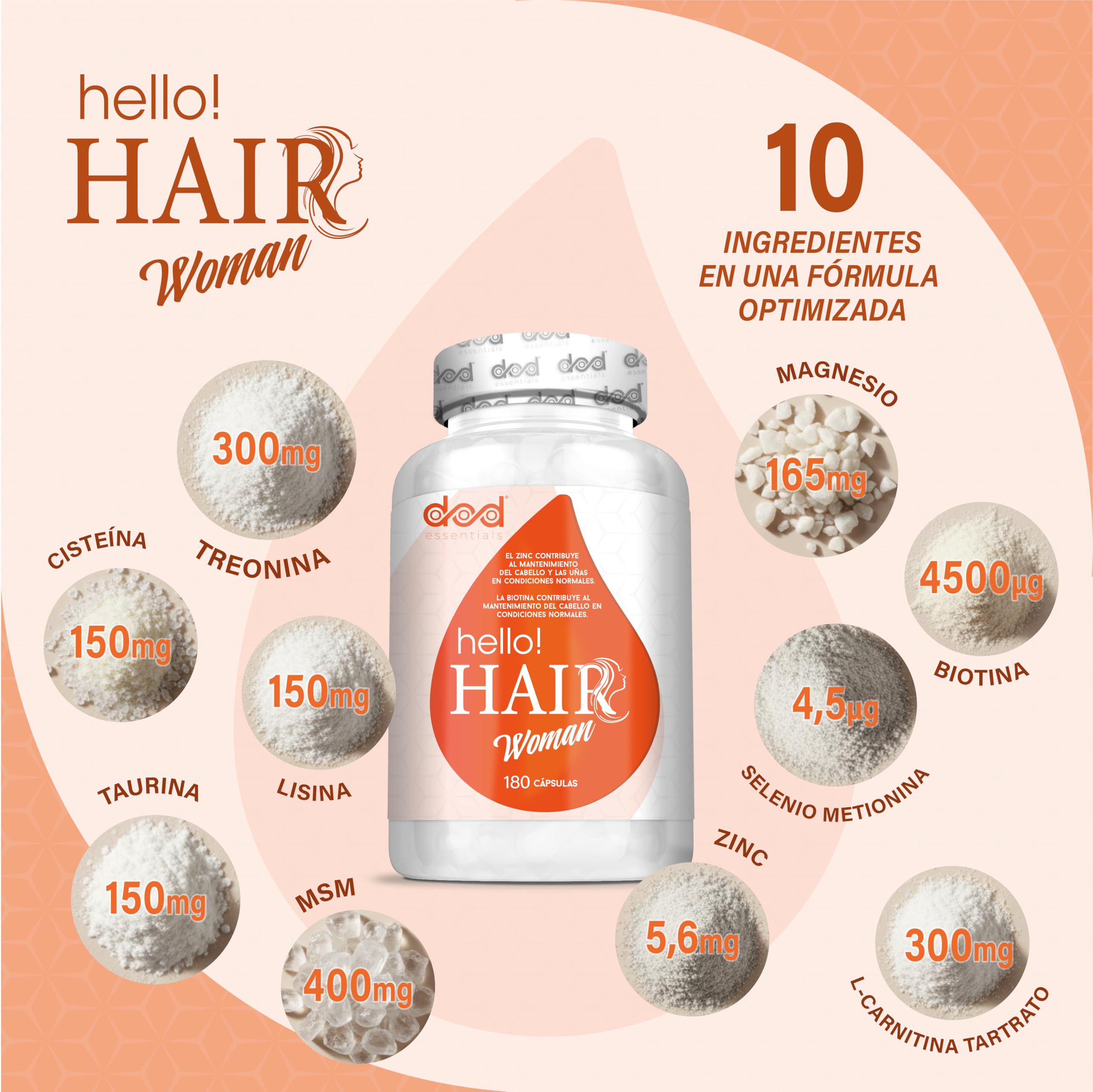 Hello Hair Woman Vitaminas para el Cabello,Uñas y Piel con Biotina, Zinc y Selenio Anticaída Mujer en Cápsulas con MSM y Aminoácidos – 180 Cápsulas (2 Meses) DOD Essentials