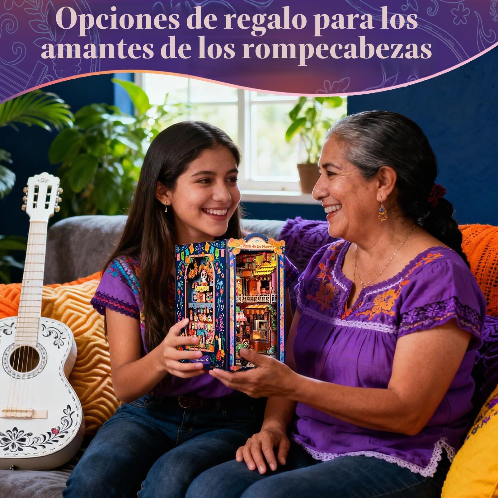 Fsolis Kit Book Nook Casa de muñecas Miniatura (Plaza de los Muertos) | Puzzle 3D Madera para Adultos con Luz LED, Decoración de Estantería & Regalo Creativo