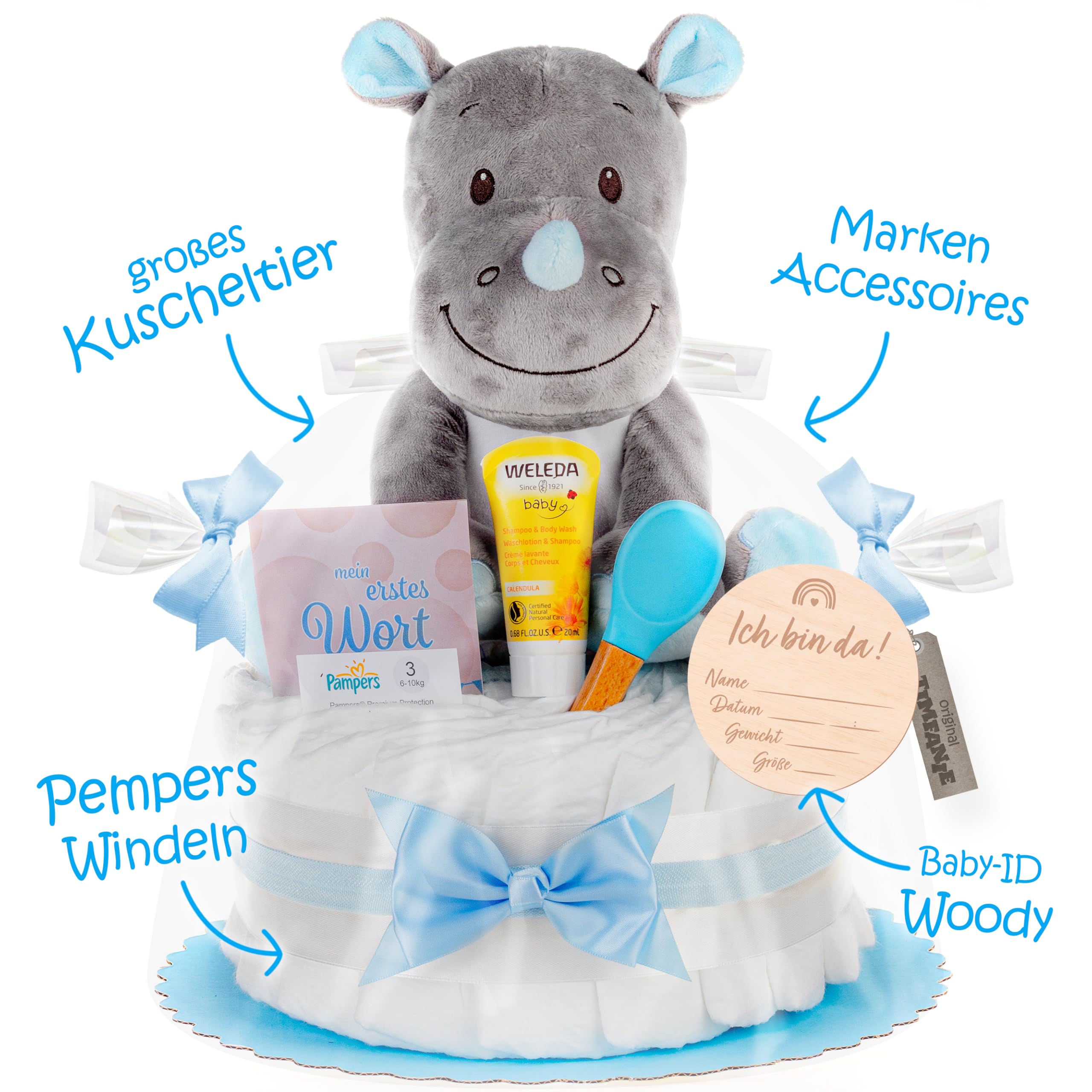 Windeltorte | Kuschel Nashorn | blau | 0-8 Monate