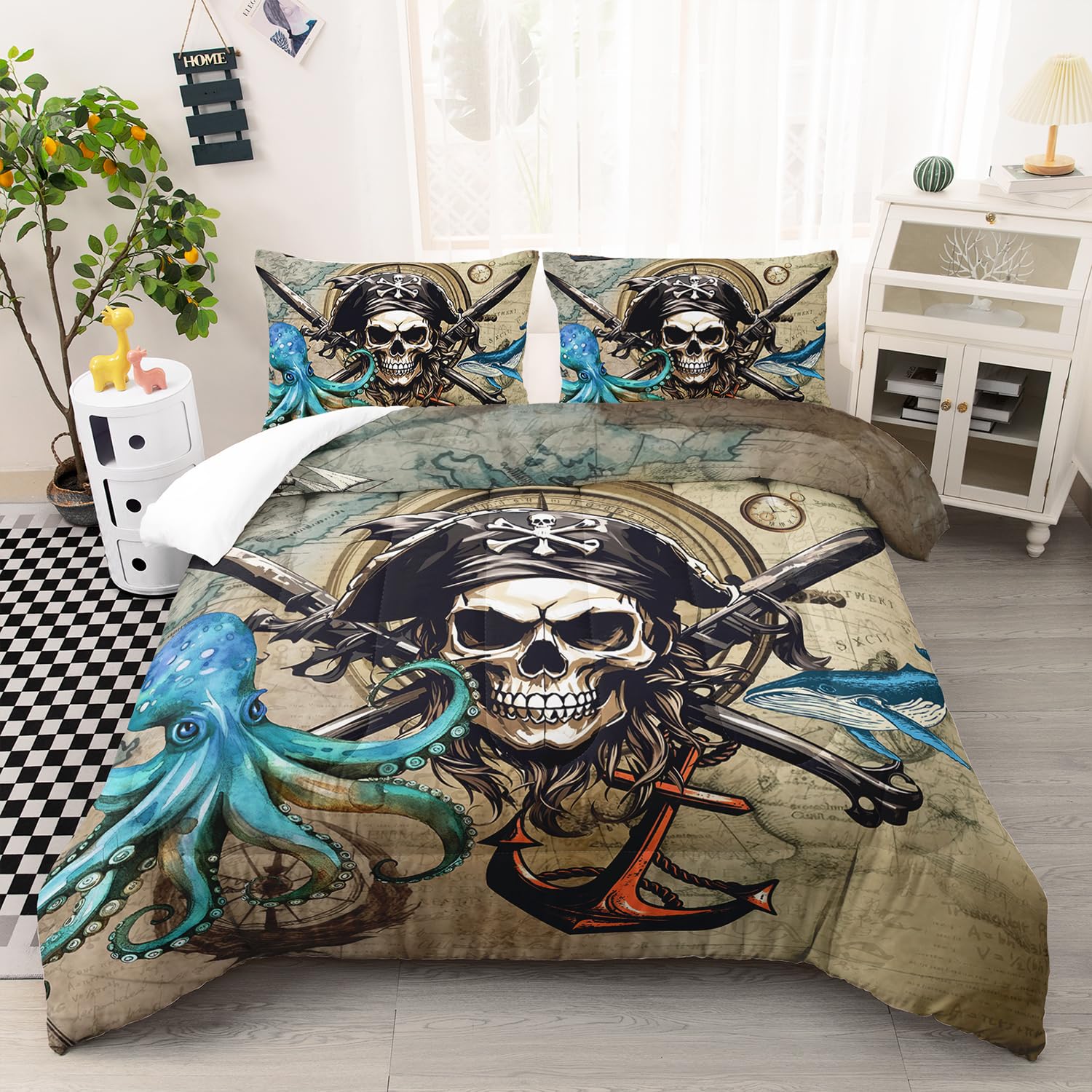 AILONEN 3D Pirate Captain Skull Comforter Set Twin Size, Octopus Dolphin Bedding Set for Kids Boys Girls,Nautical Theme Bed in a Bag Duvet Set,1 Quilt and 2 Pillowcases,3PCS