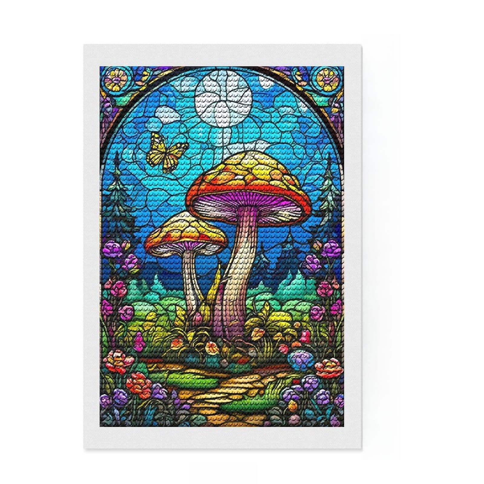 Junmoney Stained Glass Mushrooms Diamond Art Canvas 8"x12", for Beginners, Printed Canvas, Farmhouse Decor, Birthday Gift, Relaxing DIY Hobby