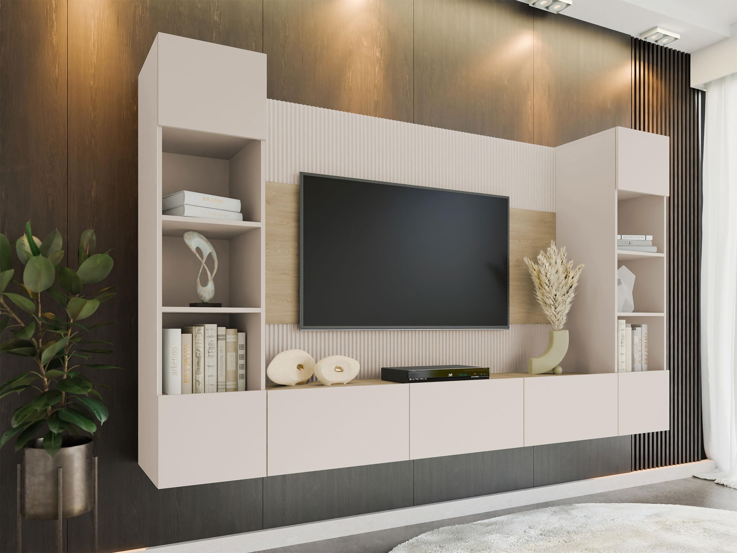 Mirjan24 Wohnwand Deromi, Anbauwand mit Wandpaneele und TV-Lowboard, Akustikplatten, Fernsehschrank, Schrankwand, Mediawand, TV-Lowboard (Sandbeige + Eiche Cremona, 2X Hängeregal)