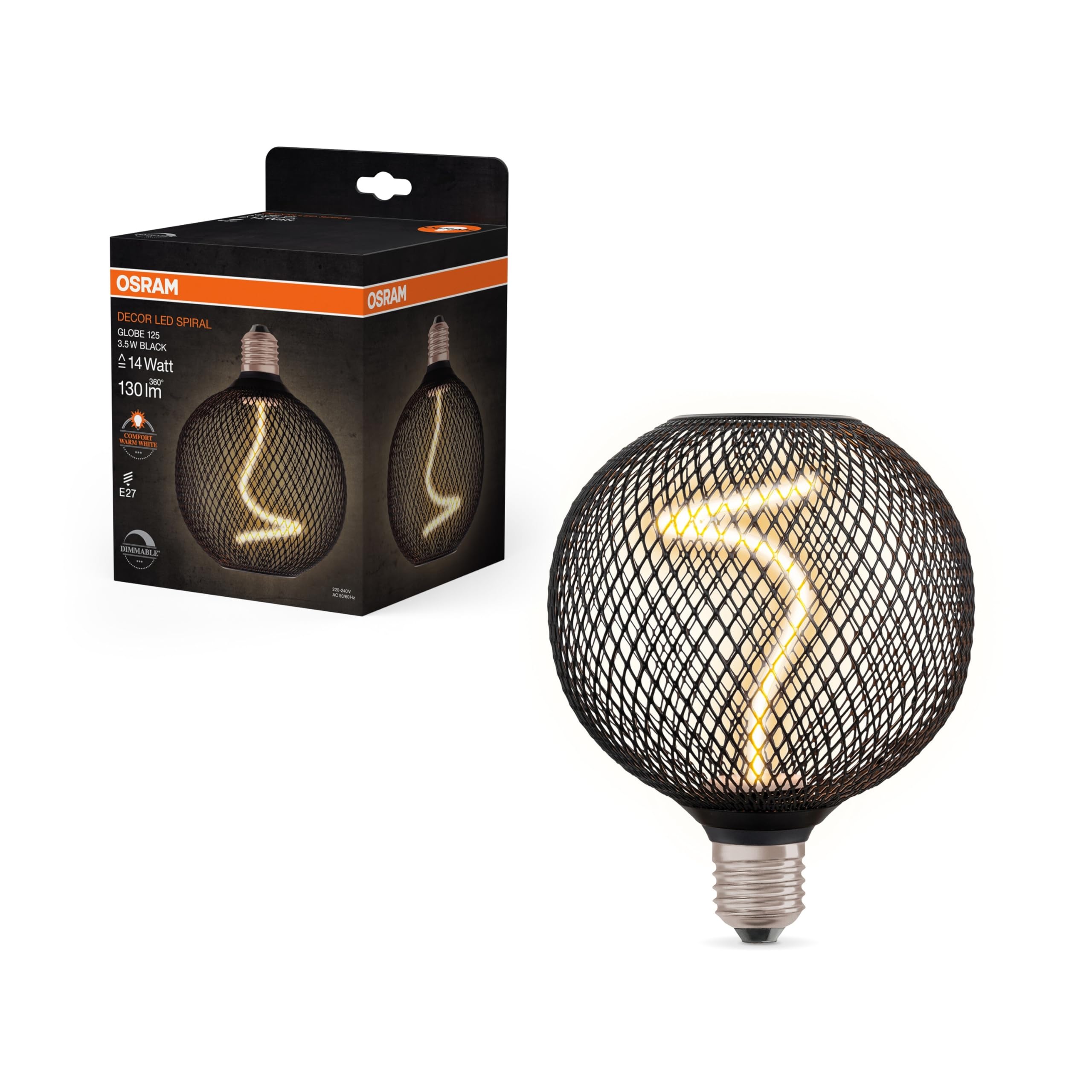 Osram Decorative LED Globe mit Spiralfilament 3.5 W, 130lm/1800K aus schwarzem bleifreiem klarem Glas, gemütliches Warmweiß 818 mit E27 Schraubgewinde, dimmbar, 125 mm Durchmesser.