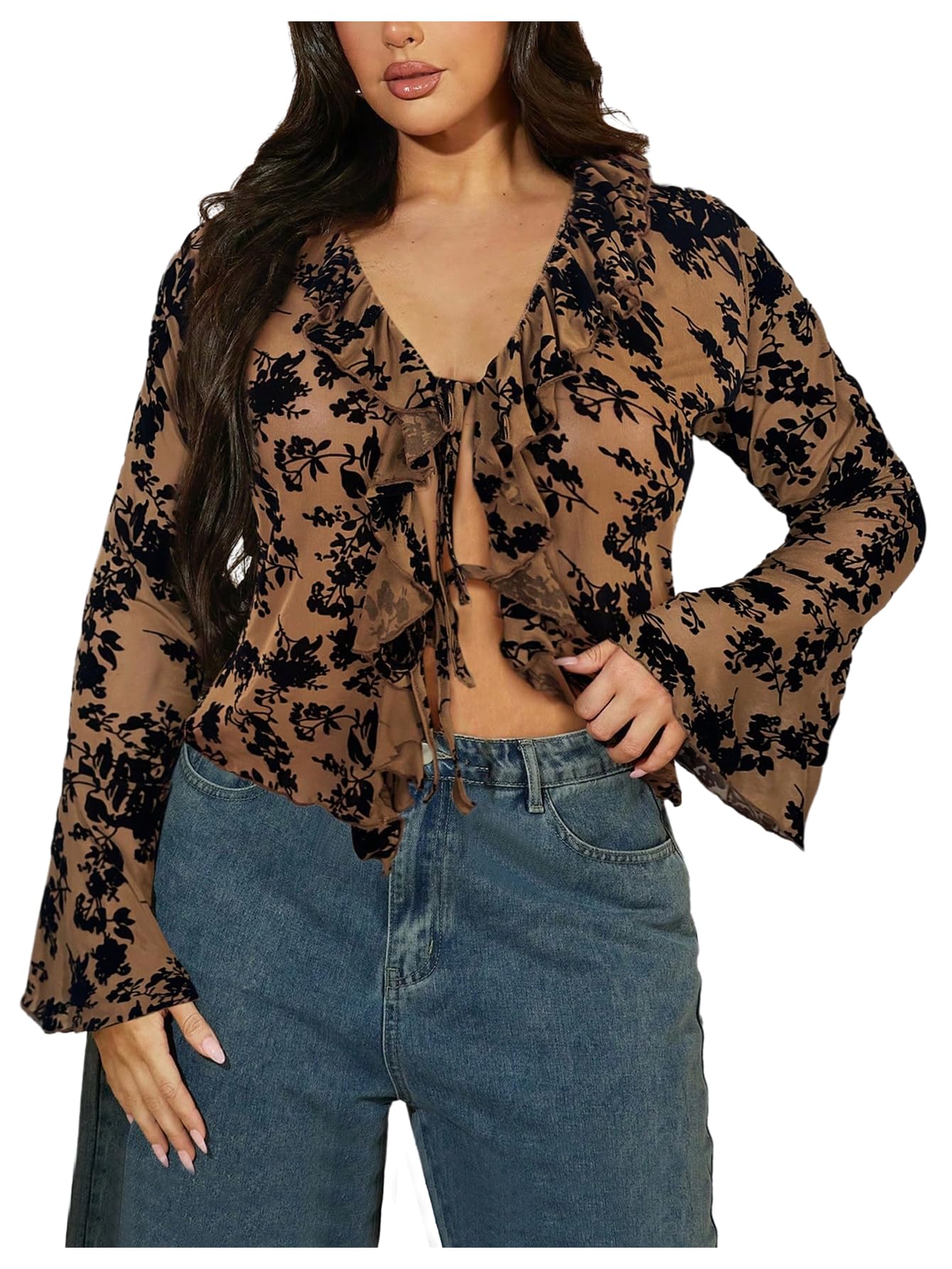WDIRARA Women's Plus Size Floral Lace Sheer T Shirt Tie Front Long Bell Sleeve Tee Going Out Tops: 4X-Large Plus Brown