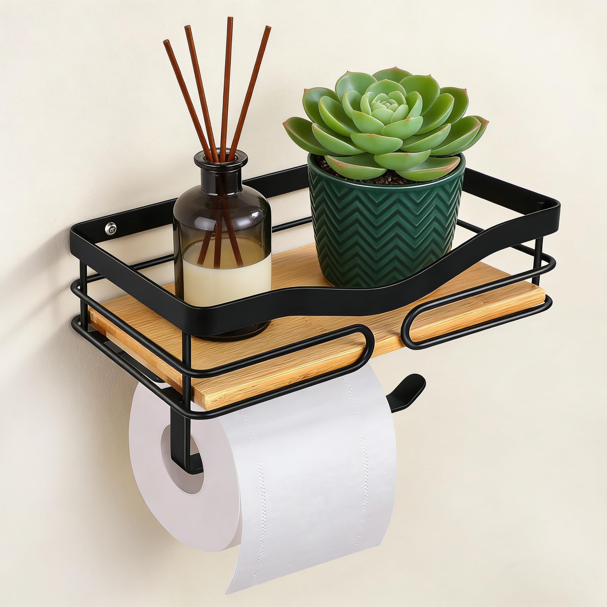 JOLY FANG Toilet Paper Holder with Shelf in Natural Bamboo, 2 in 1 Without Drilling Wall Mounted Toilet Paper Holder, Self Adhesive Toilet Paper Holder for Bathrooms and Kitchens (Black)