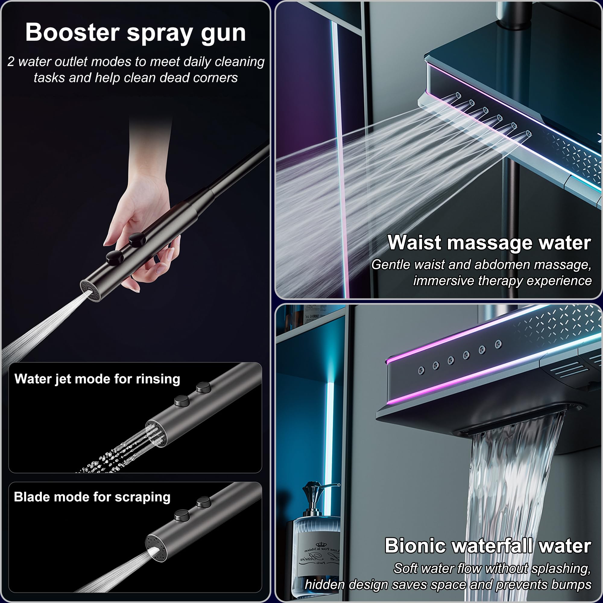 MocArt SFES8 - Sistema doccia futuristico per bagno, 5 funzioni, display digitale della temperatura, soffione doccia multi-angolo, massaggio addominale e schiena, nucleo della valvola in rame