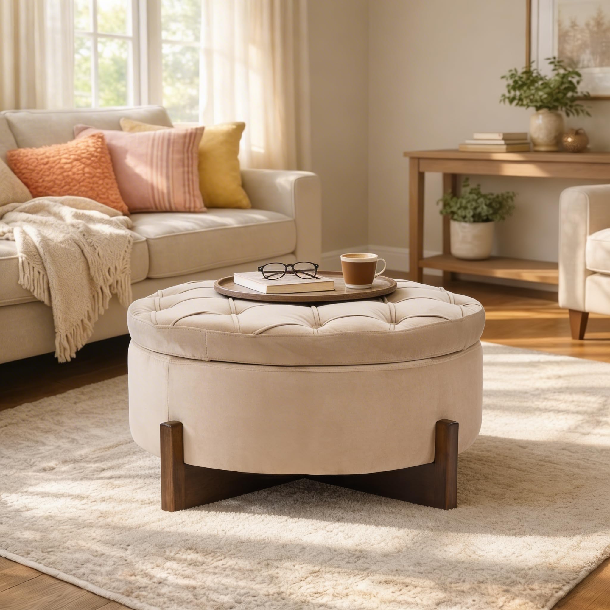 View 1 of Christopher Knight Home 32" Round Storage Ottoman with Reversible Wooden Lid, Velvet Tufted Coffee Table, 2-in-1 Storage Ottoman, Hidden Storage Compartment, Solid Rubber Wood Base, Camel Brown
