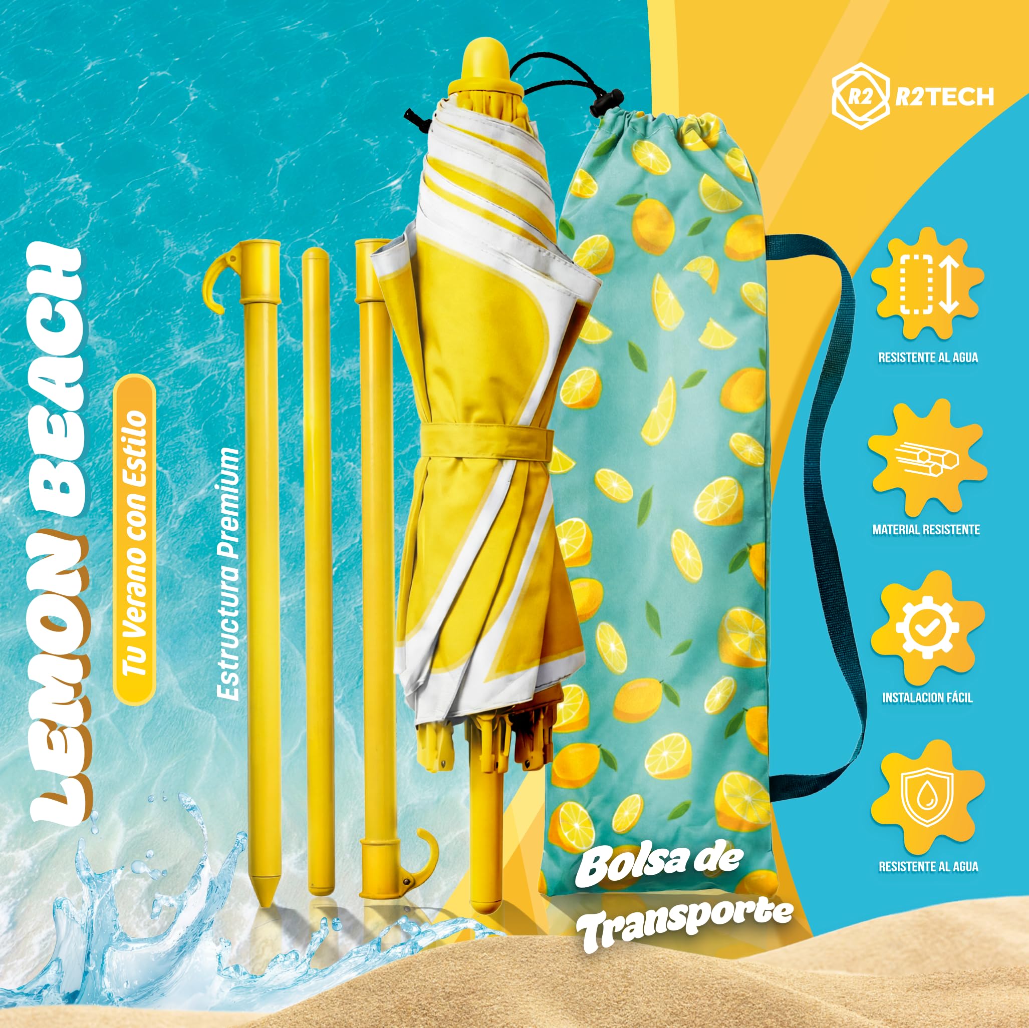 SUPER PACK Sombrilla Playa Plegable | Parasol con Altura 210cm y Diámetro 160cm | Sombrilla Compacta para Maleta | Protección Verano 2 Plazas UPF 50+ | Mástil Aluminio Amarillo 109C
