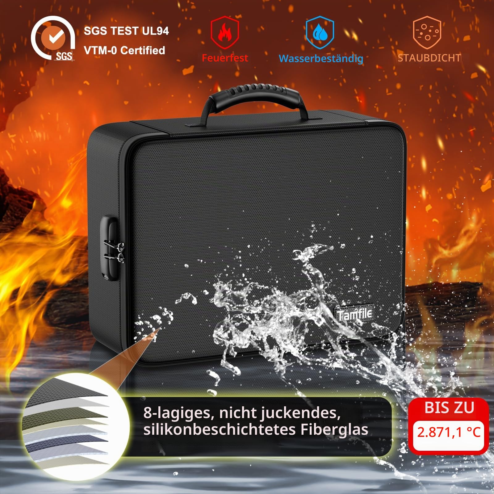 Tamfile 5200℉ Feuerfeste Dokumentenbox, Dokumententasche mit 13 Taschen | Wasserfeste, Akkordeonordner, Dokumenten-Organizer, Tragbare, Aktenaufbewahrungsbox, Fächermappe, Schloss, Etiketten, Schwarz